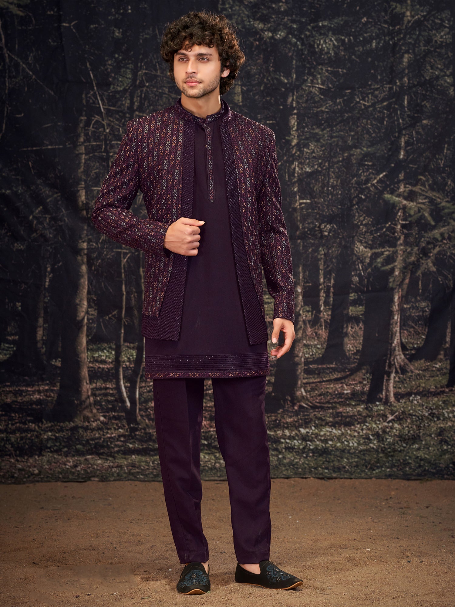 Wine Wedding Wear Indowestern With Layered Jacket