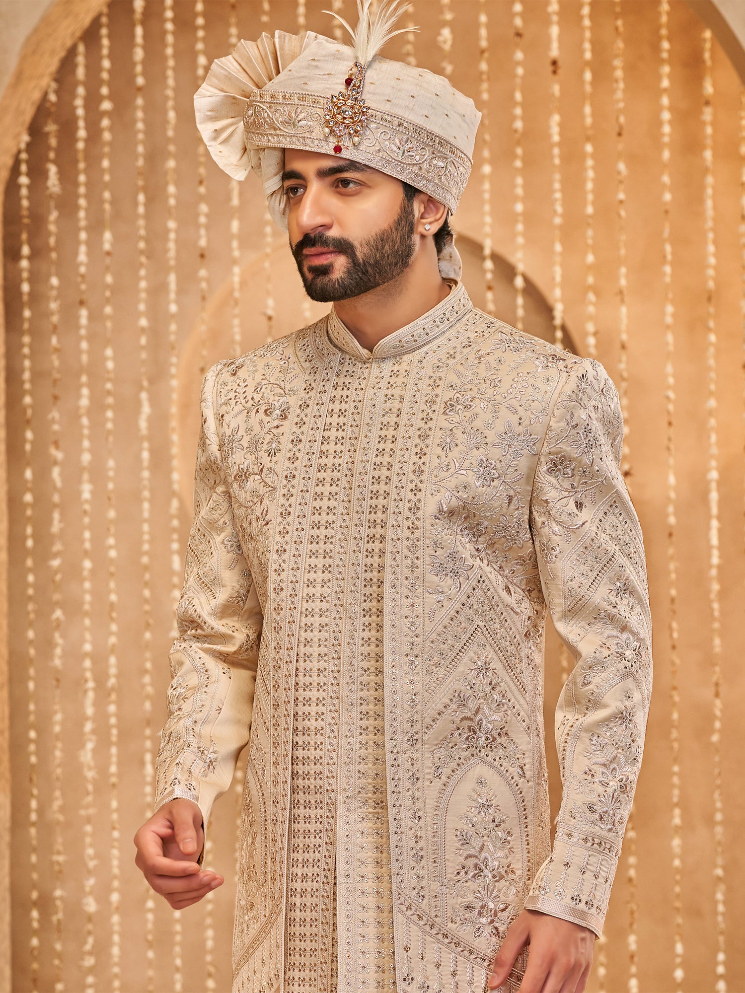Ivory Cream Layered Style Sherwani With Kurta
