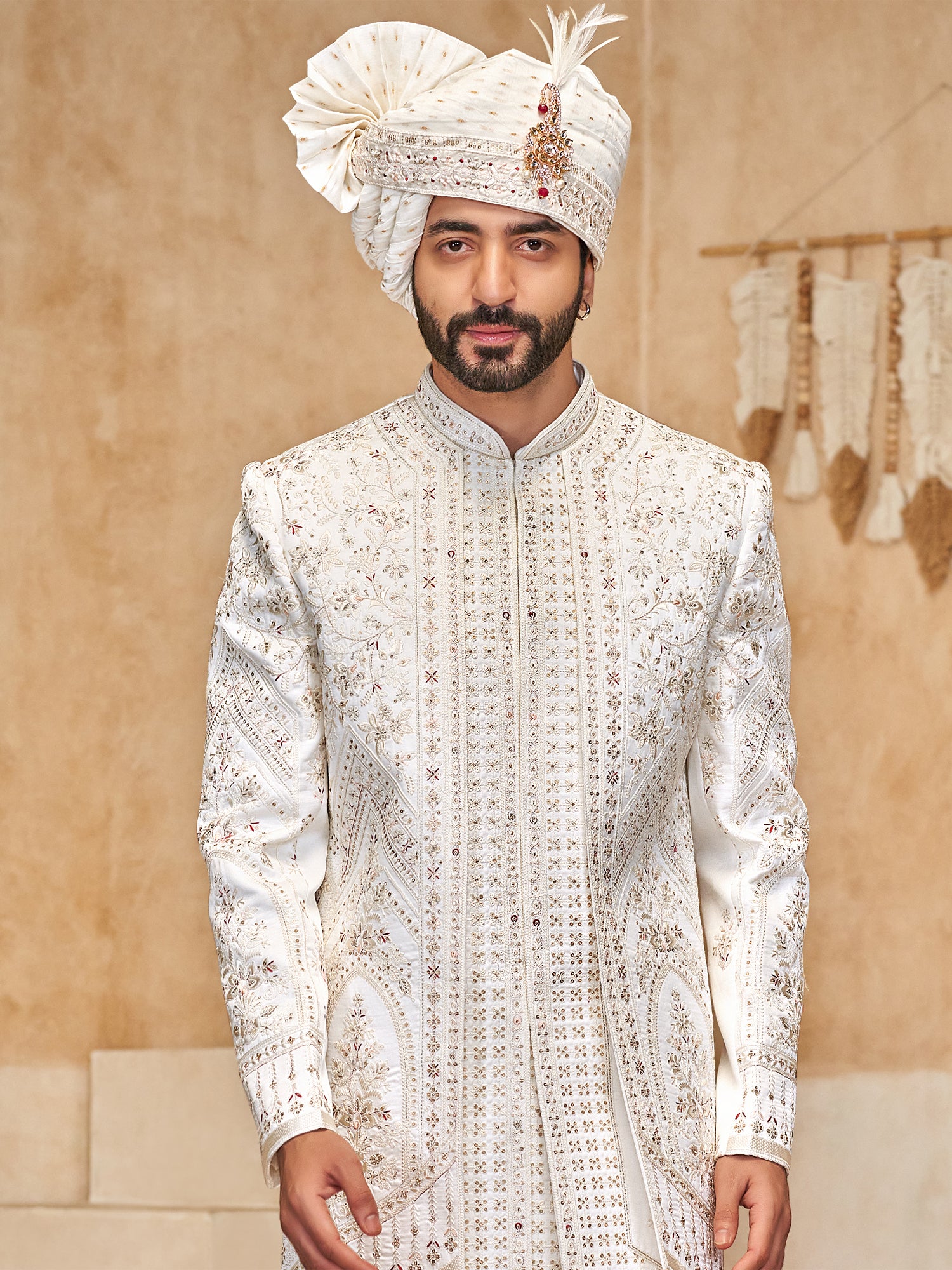 Off White Sequins Enhanced Layered Sherwani In Silk