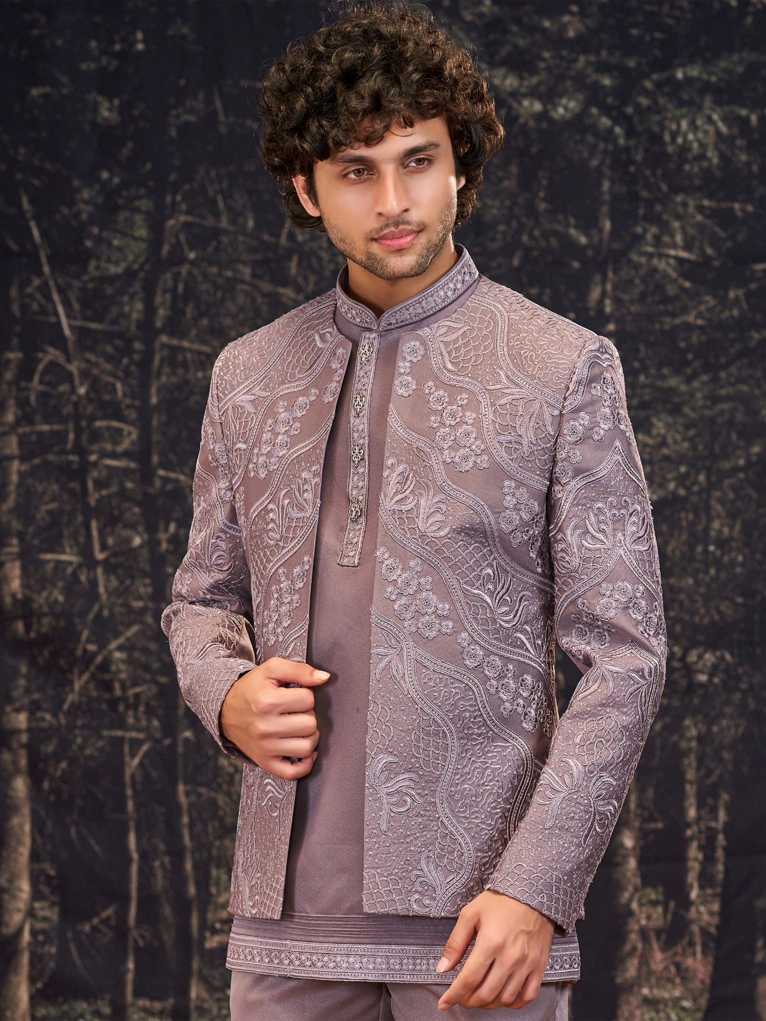 Onion Pink Jacketed Style Indowestern Set In Silk