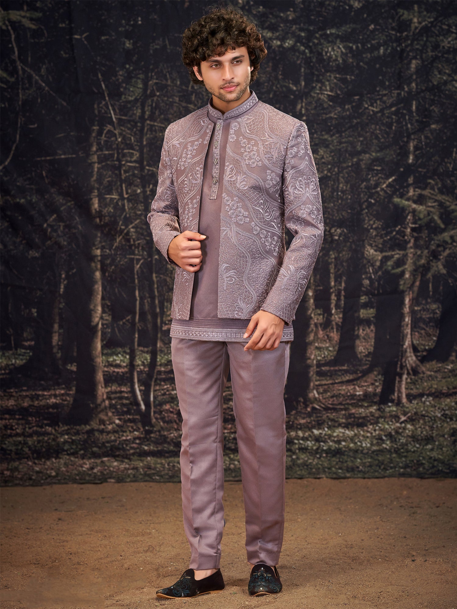 Onion Pink Jacketed Style Indowestern Set In Silk