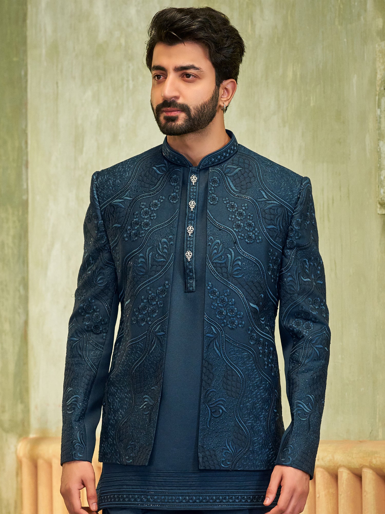 Teal Blue Wedding Men's Indowestern With Jacket