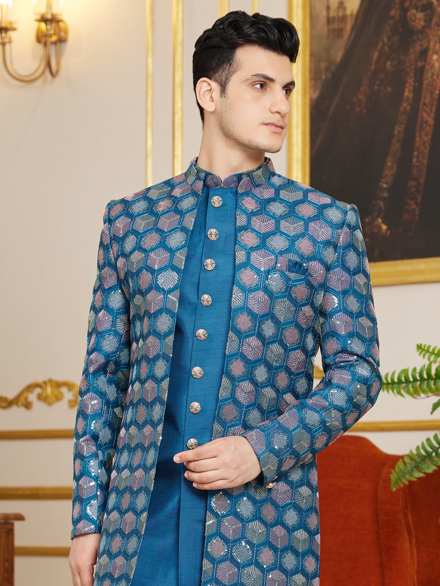 Blue Wedding Wear Embroidered Indowestern For Men