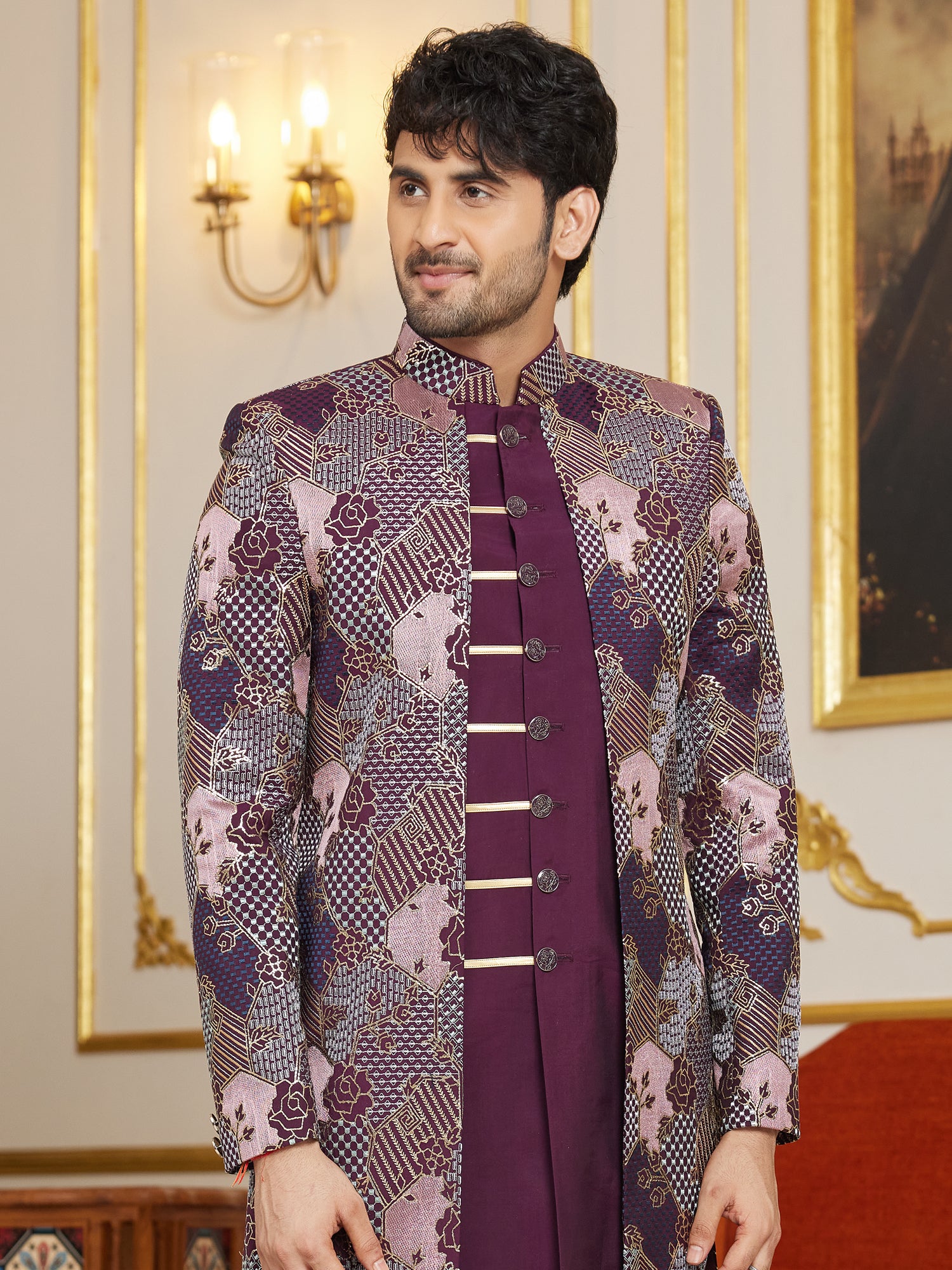 Wine Floral Embroidered Silk Indo Western