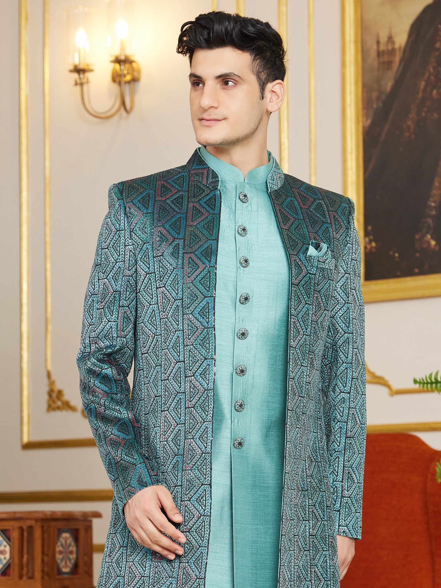 Turquoise Embroidered Indo Western Dress For Men