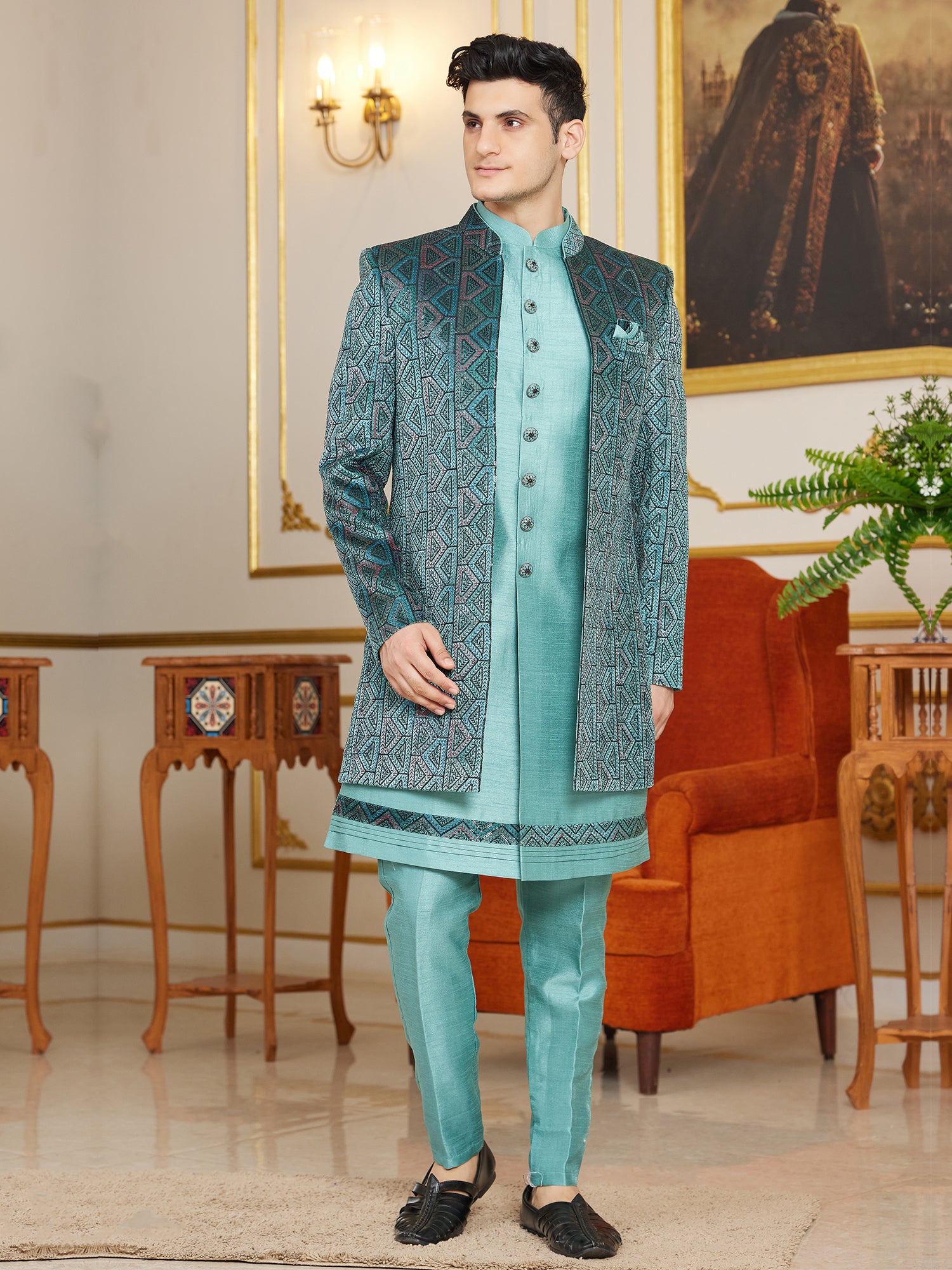 Turquoise Embroidered Indo Western Dress For Men
