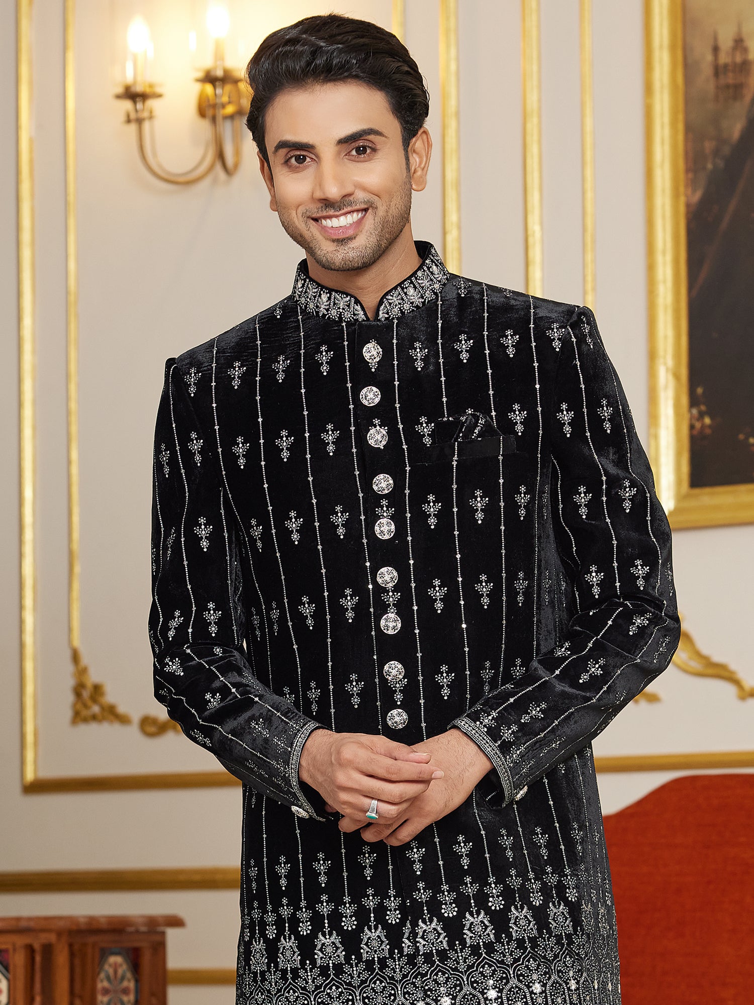 Black Thread Embellished Indo Western For Men