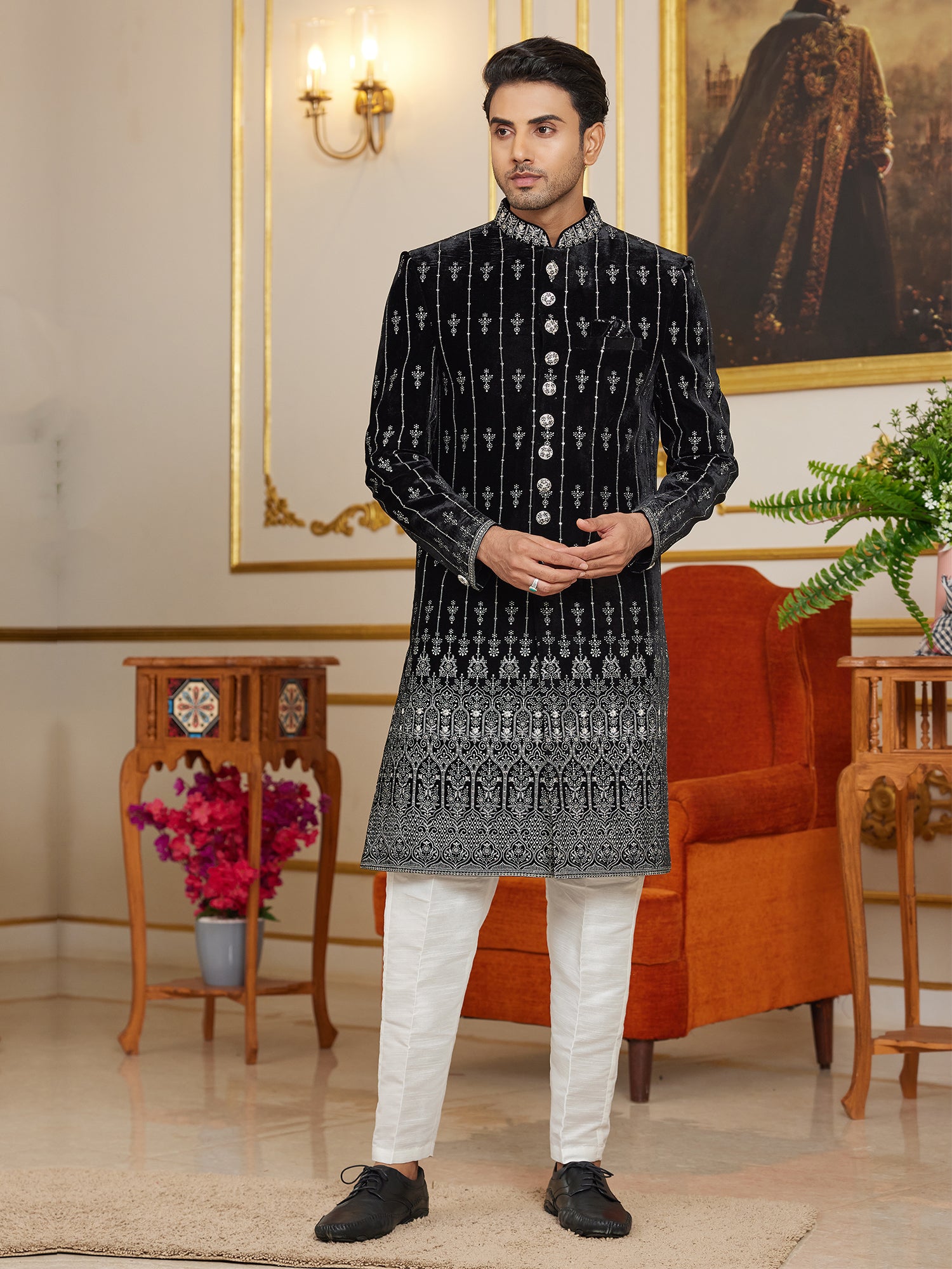 Black Thread Embellished Indo Western For Men