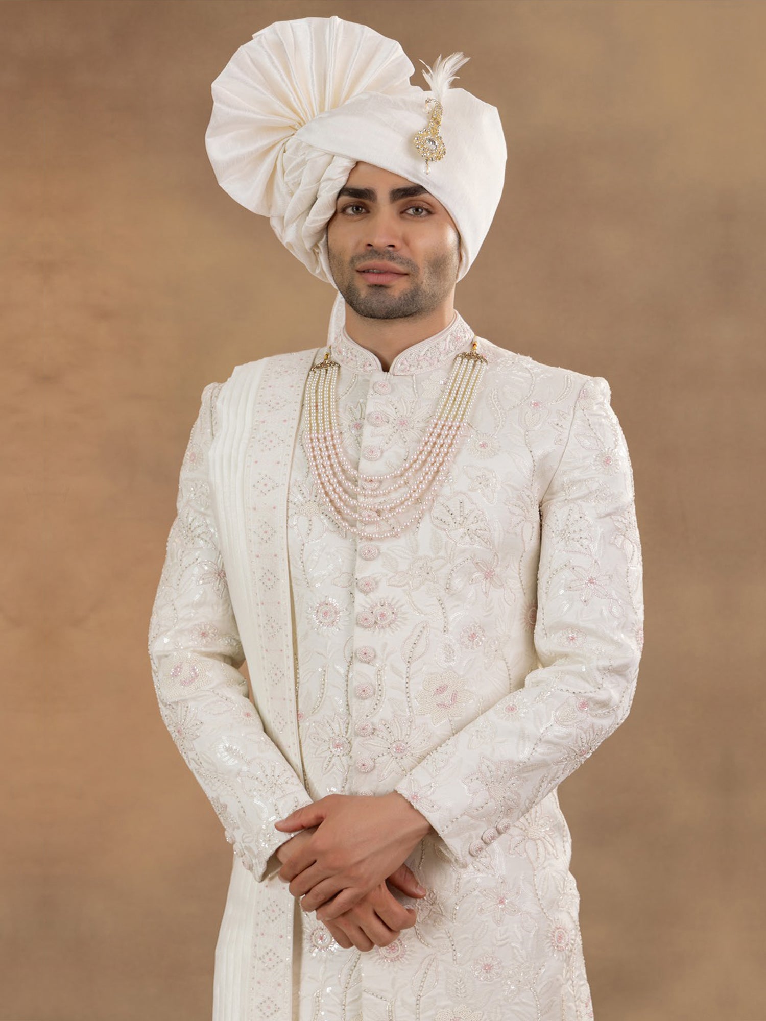 White Floral Thread Embellished Sherwani Set