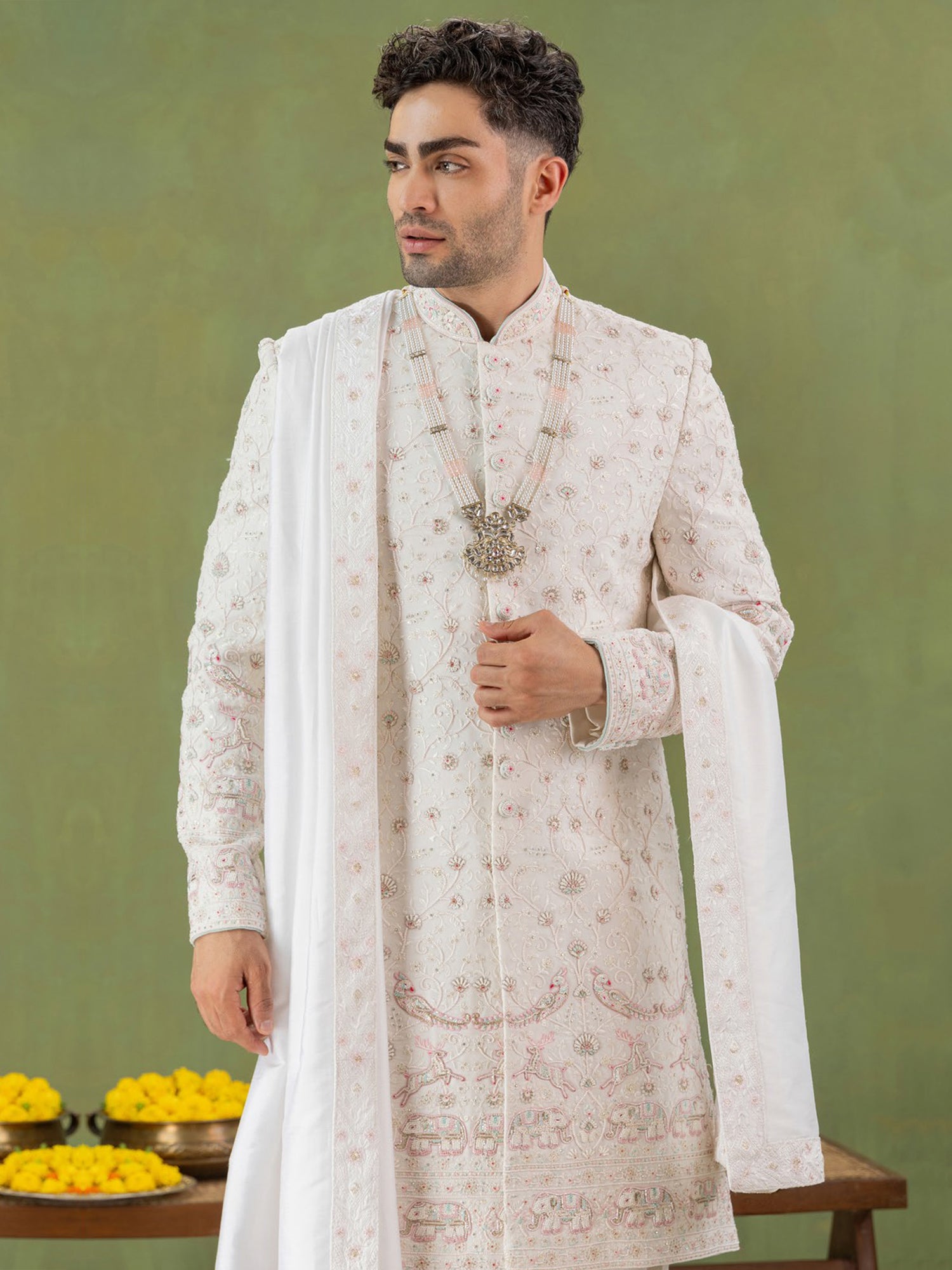 White Thread Embroidered Groom's Silk Sherwani
