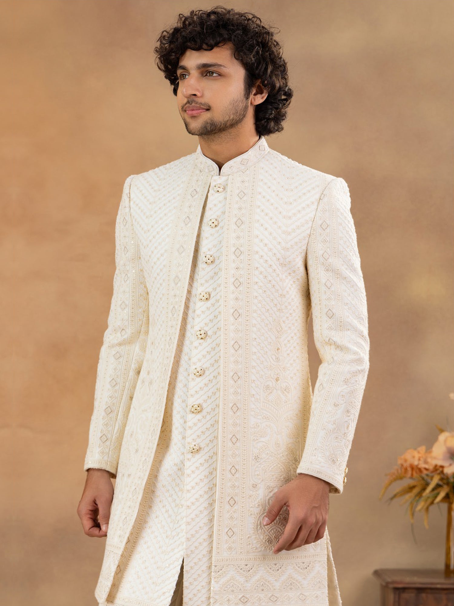 Light Cream Men's Indowestern With Jacket