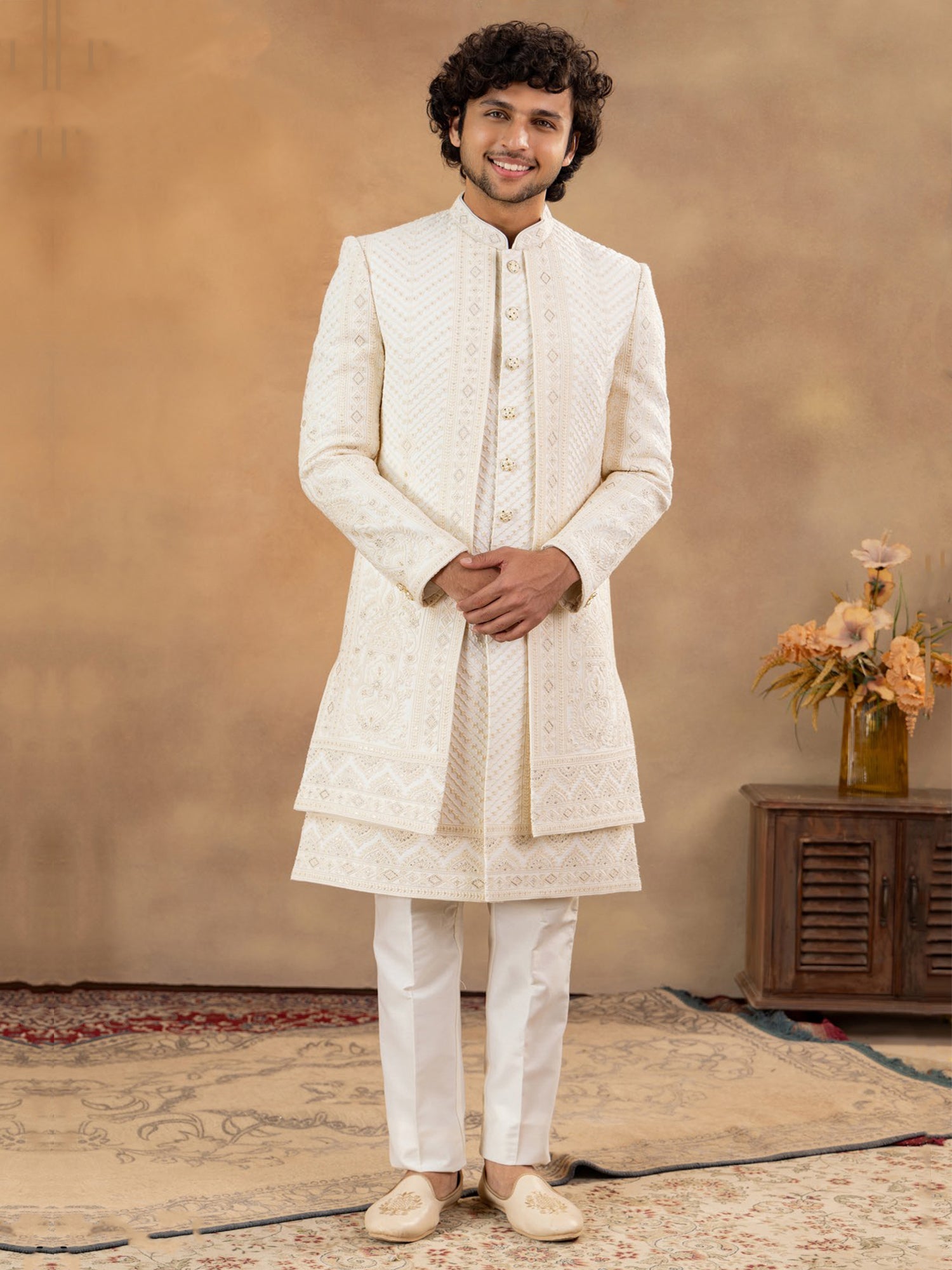 Light Cream Men's Indowestern With Jacket