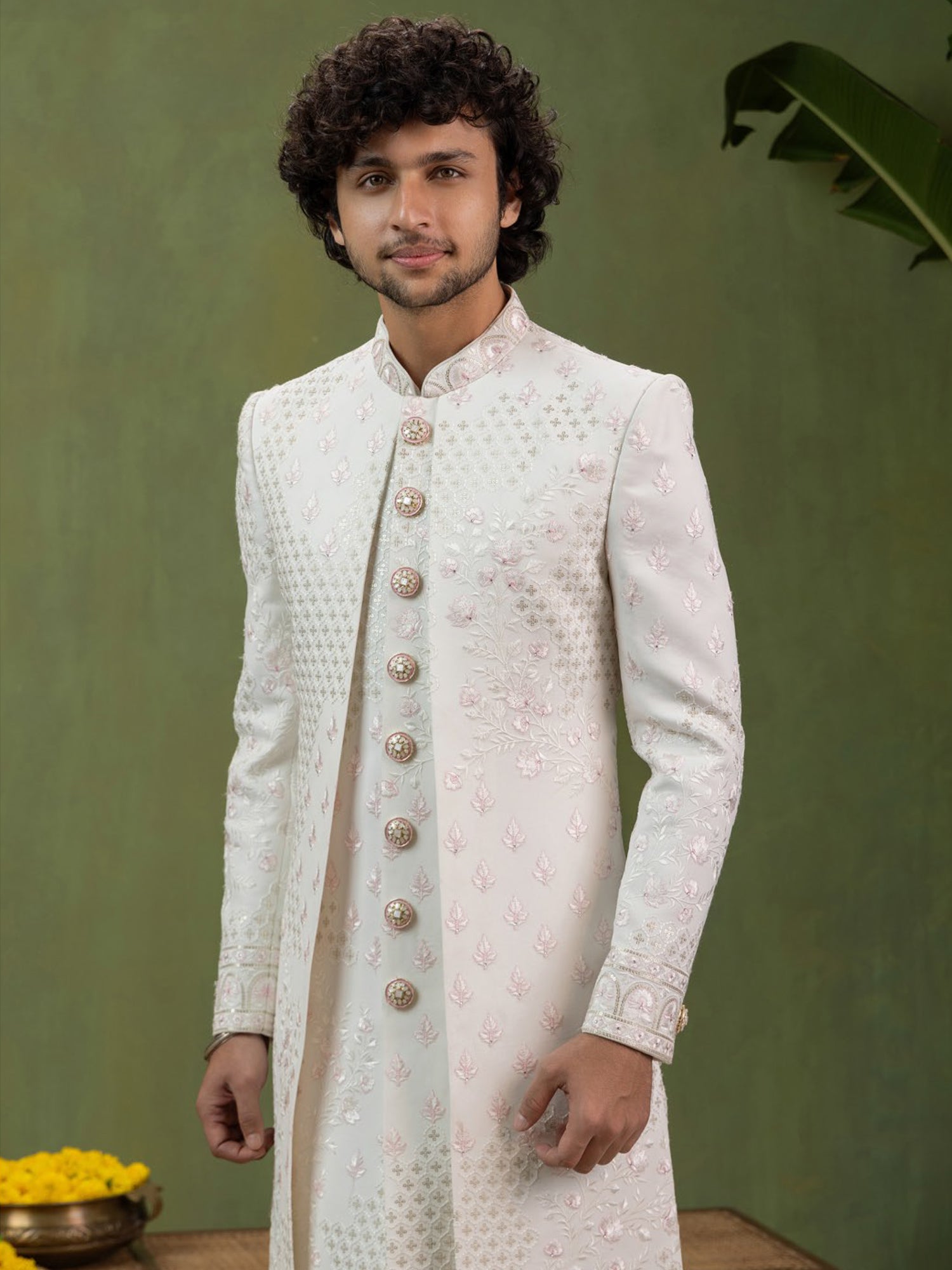 Off White Silk Indowestern With Embroidered Jacket