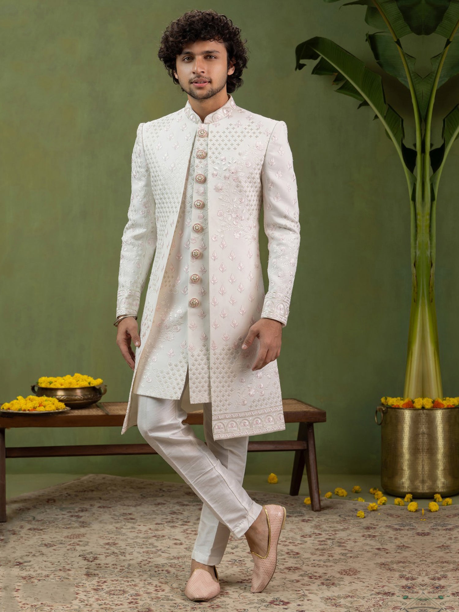 Off White Silk Indowestern With Embroidered Jacket
