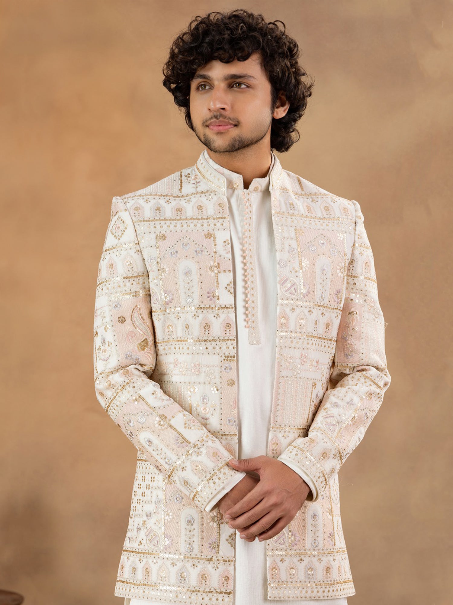 White Heavy Embroidered Men's Indo Western Set