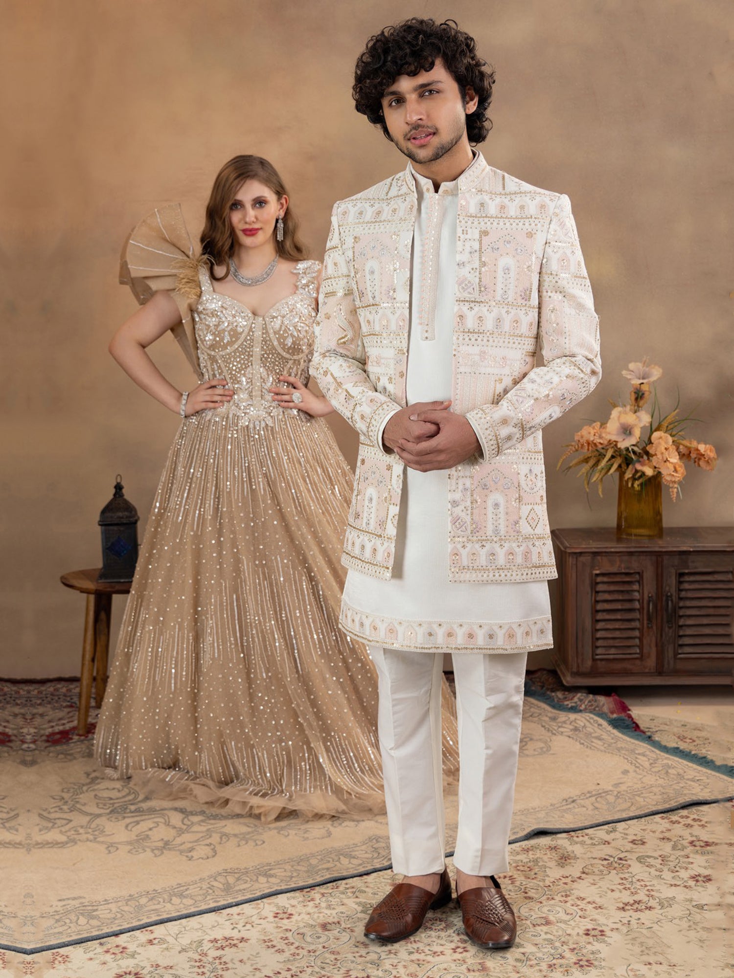 White Heavy Embroidered Men's Indo Western Set