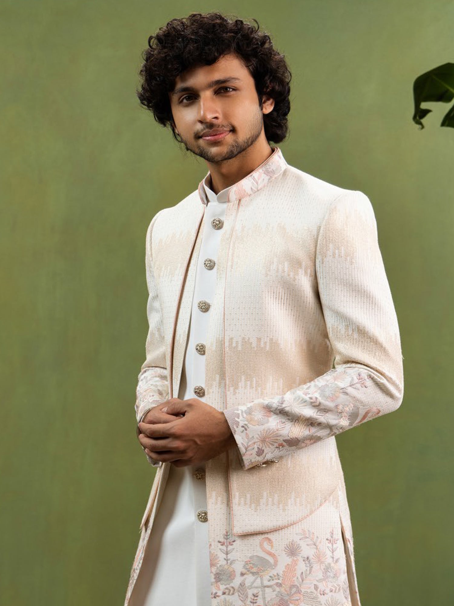 Cream Layered Jacket Style Wedding Indowestern