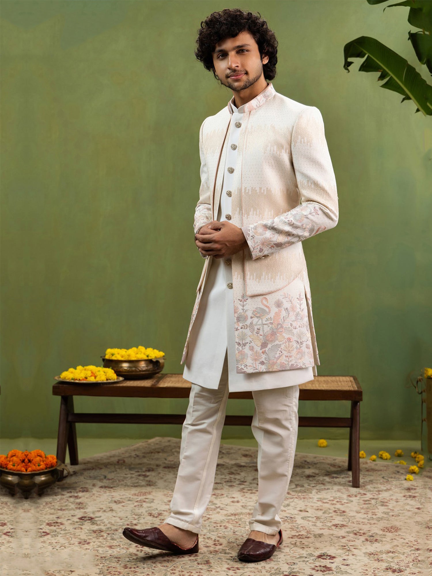 Cream Layered Jacket Style Wedding Indowestern
