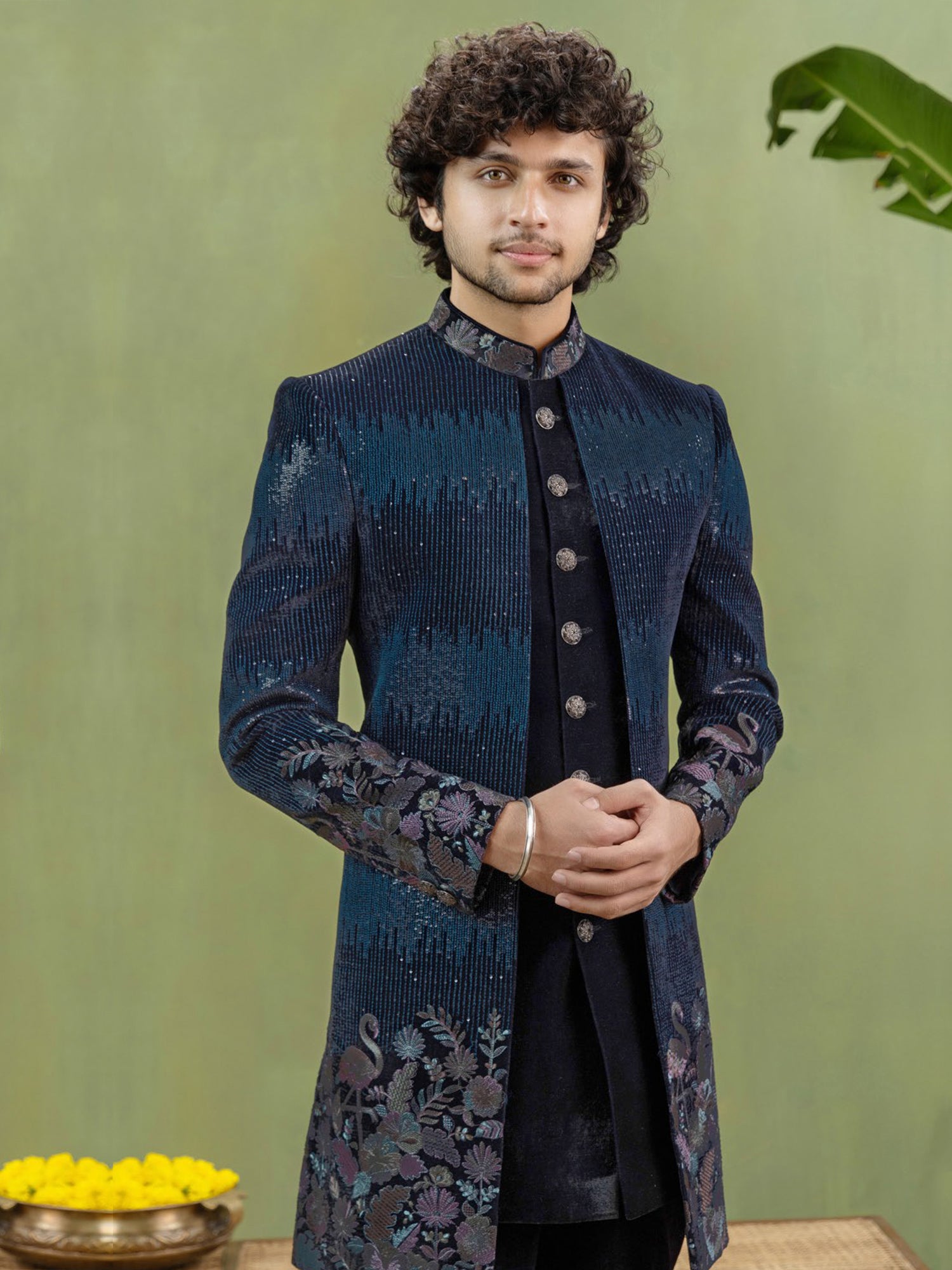 Navy Blue Stone Embellished Men's Indo Western