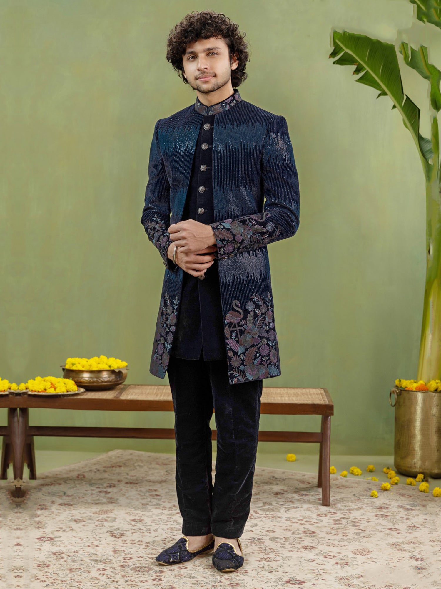Navy Blue Stone Embellished Men's Indo Western
