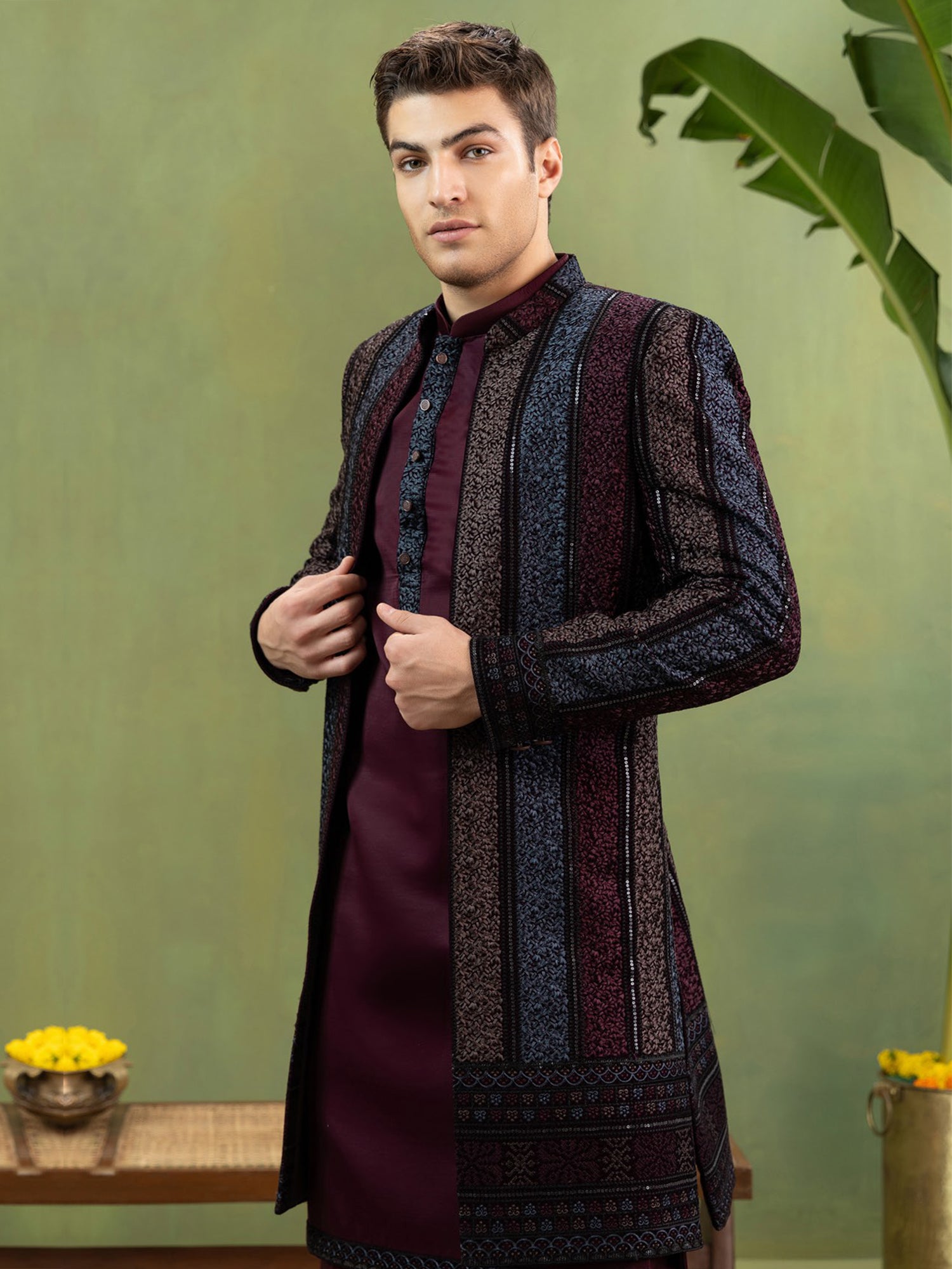 Maroon Men's Indowestern Set With Open Jacket