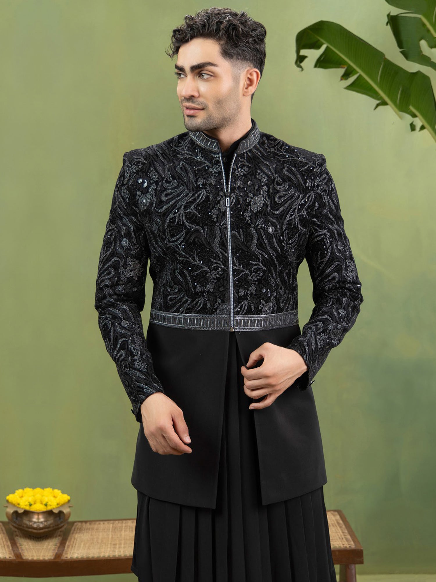Black Embroidered Indowestern With Flare Kurta