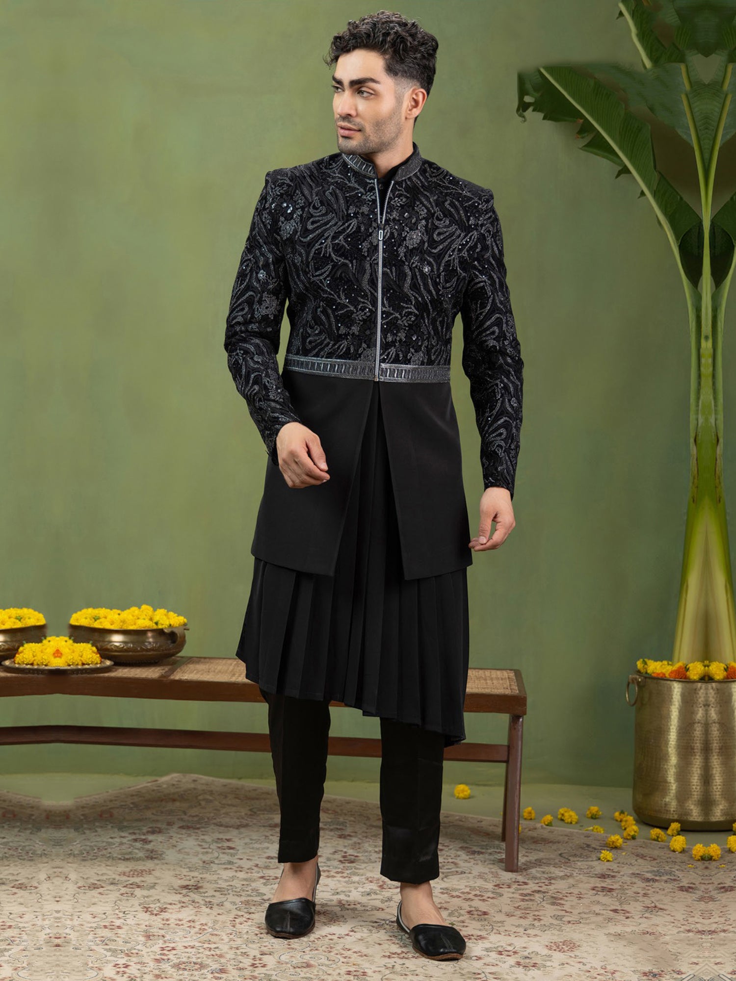 Black Embroidered Indowestern With Flare Kurta