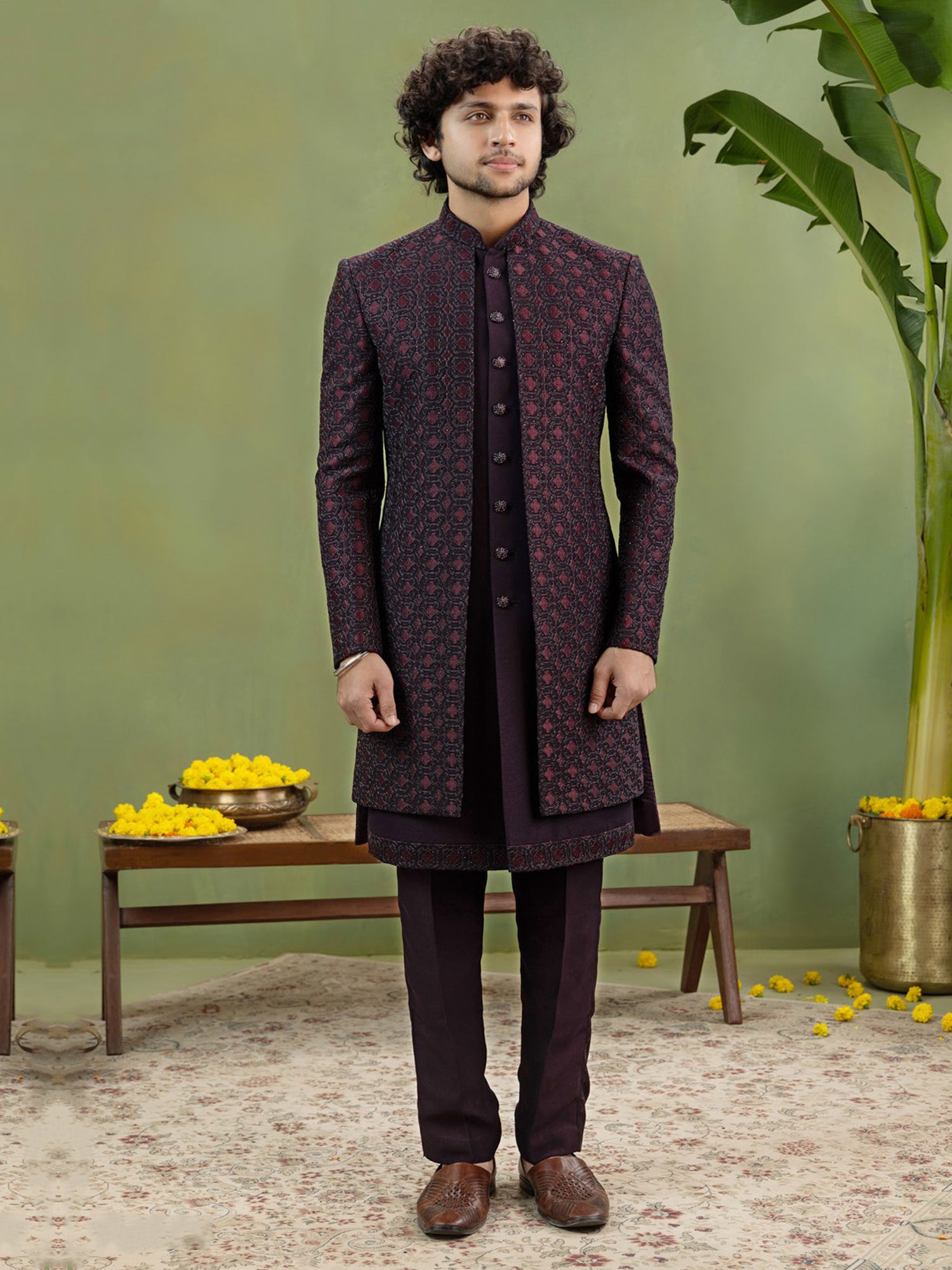 Midnight Purple Thread Embroidered Indo Western