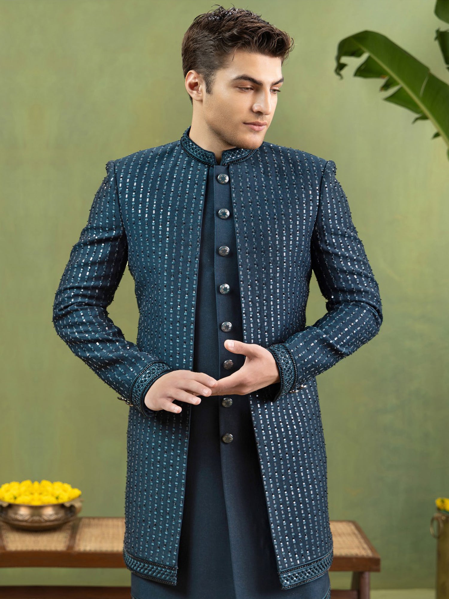 Blue Sequins Embroidered Wedding Indowestern