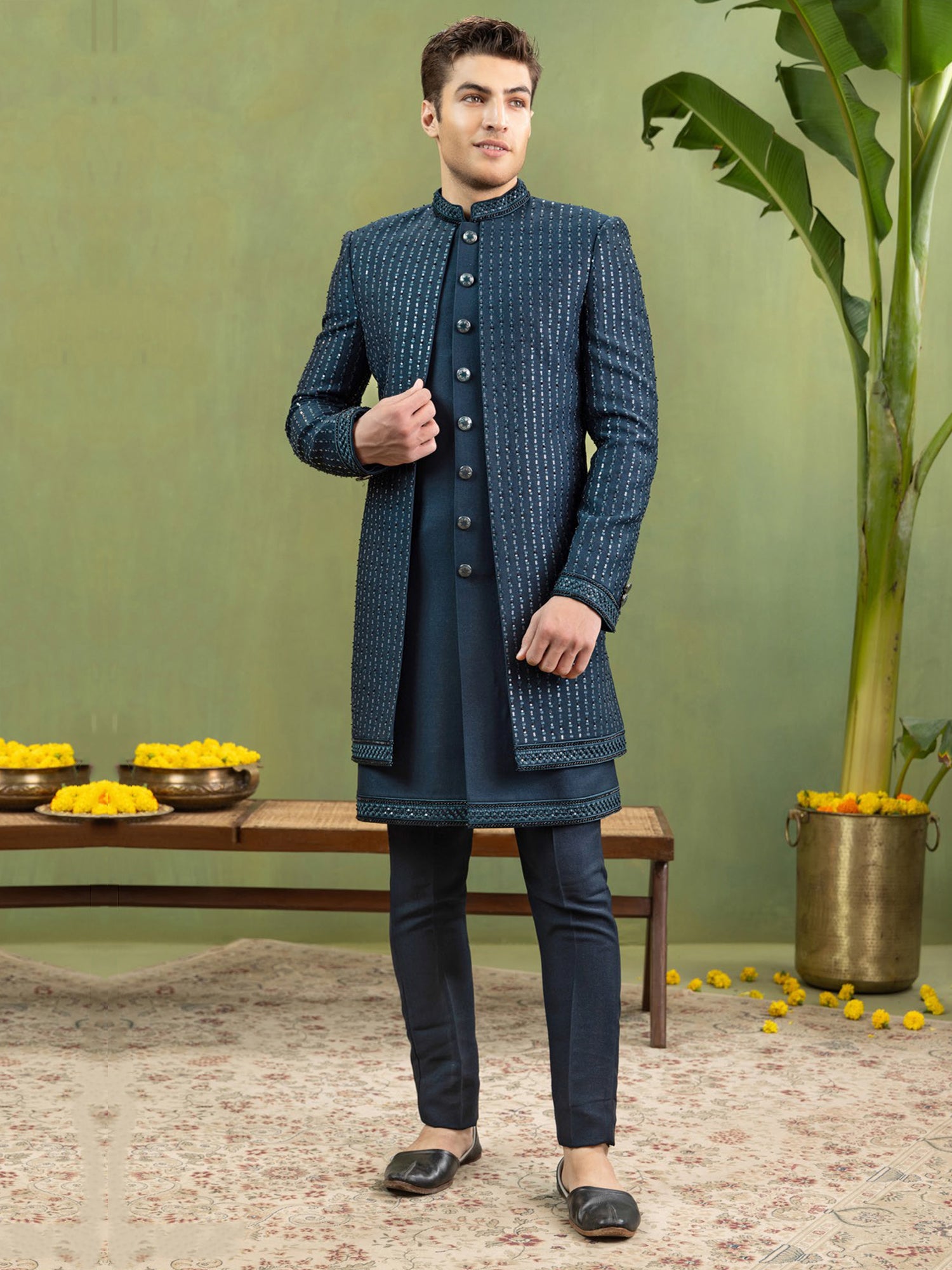 Blue Sequins Embroidered Wedding Indowestern