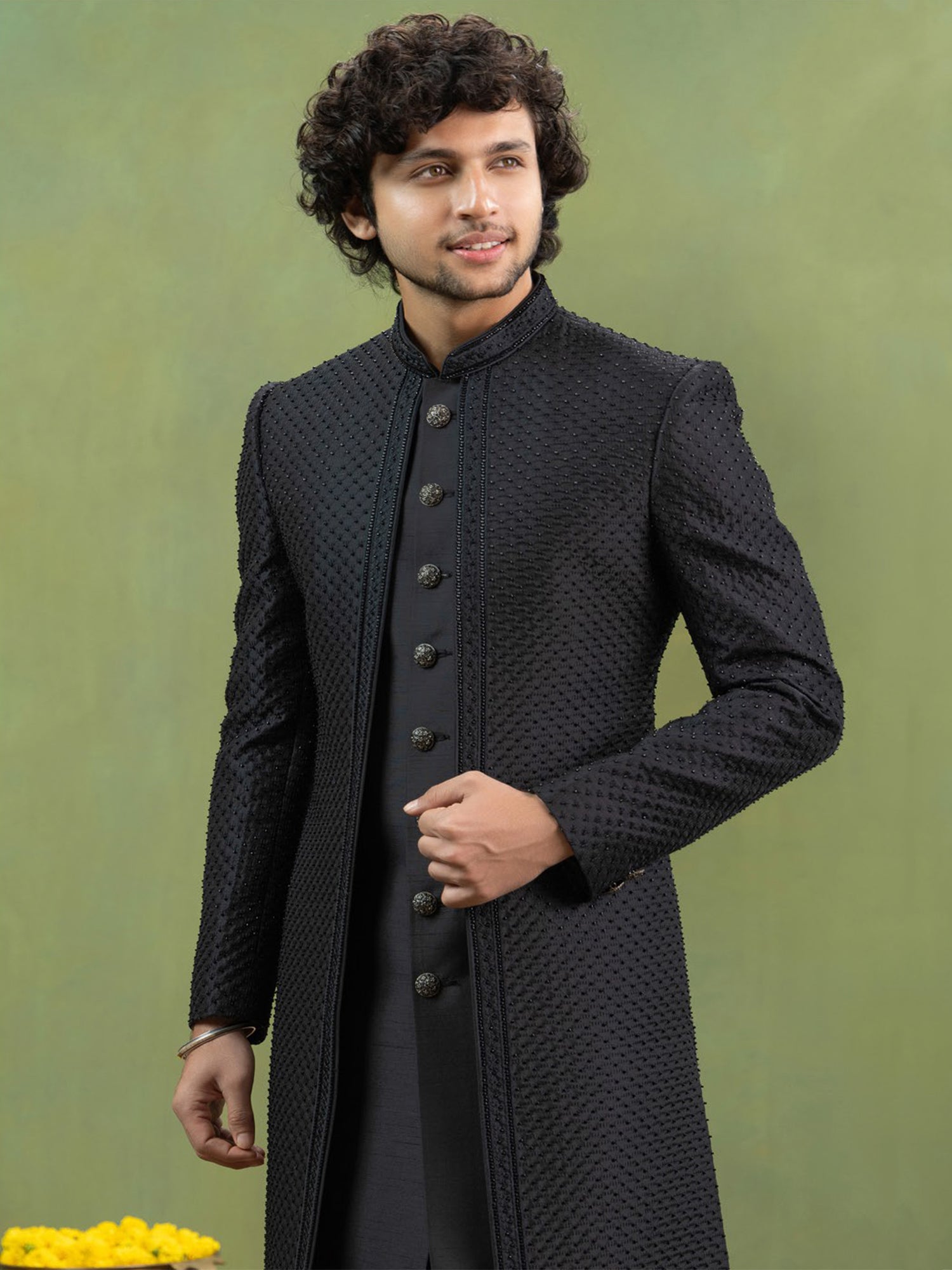 Black Silk Indo Western Set In Heavy Embroidery
