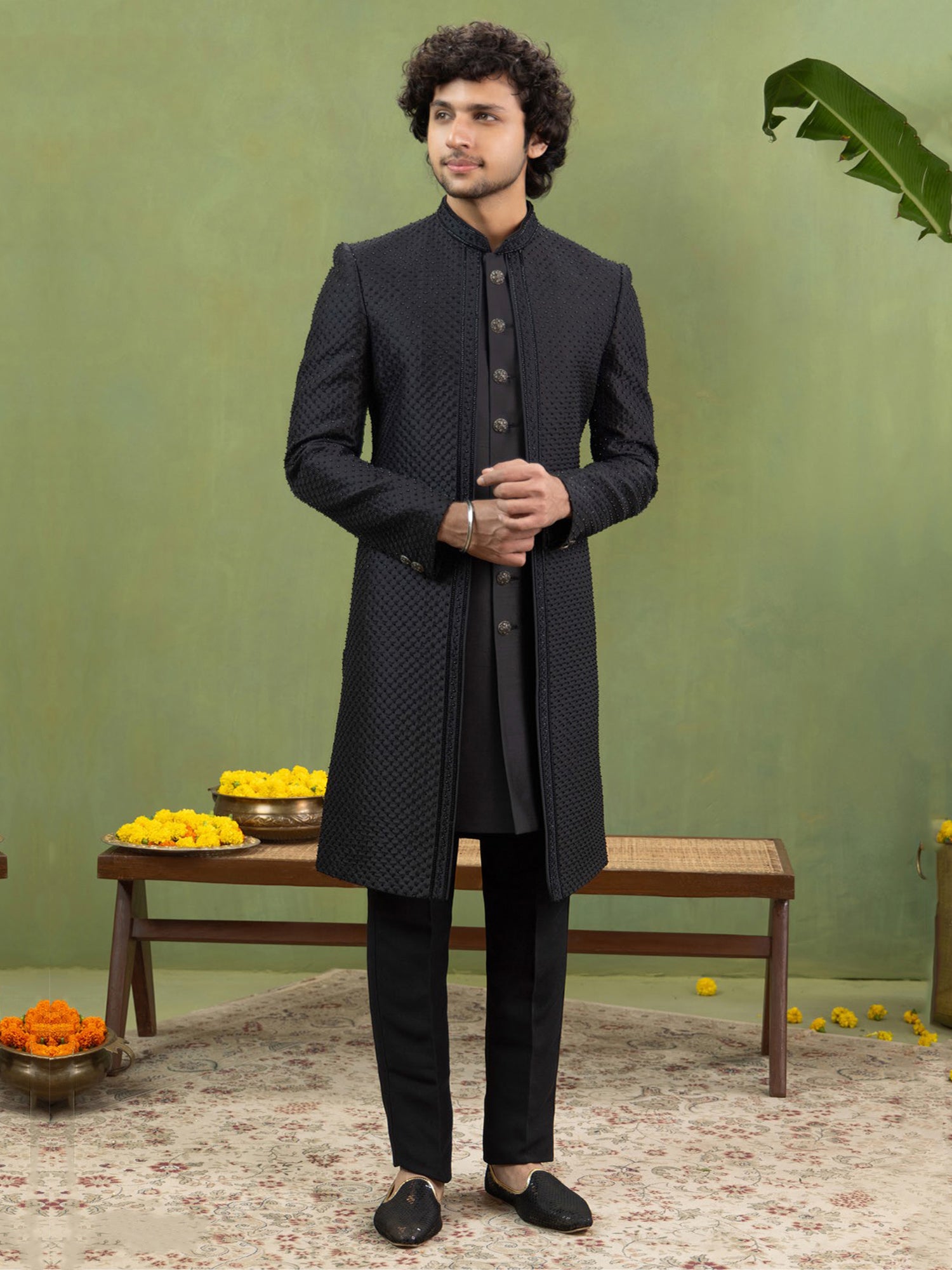 Black Silk Indo Western Set In Heavy Embroidery