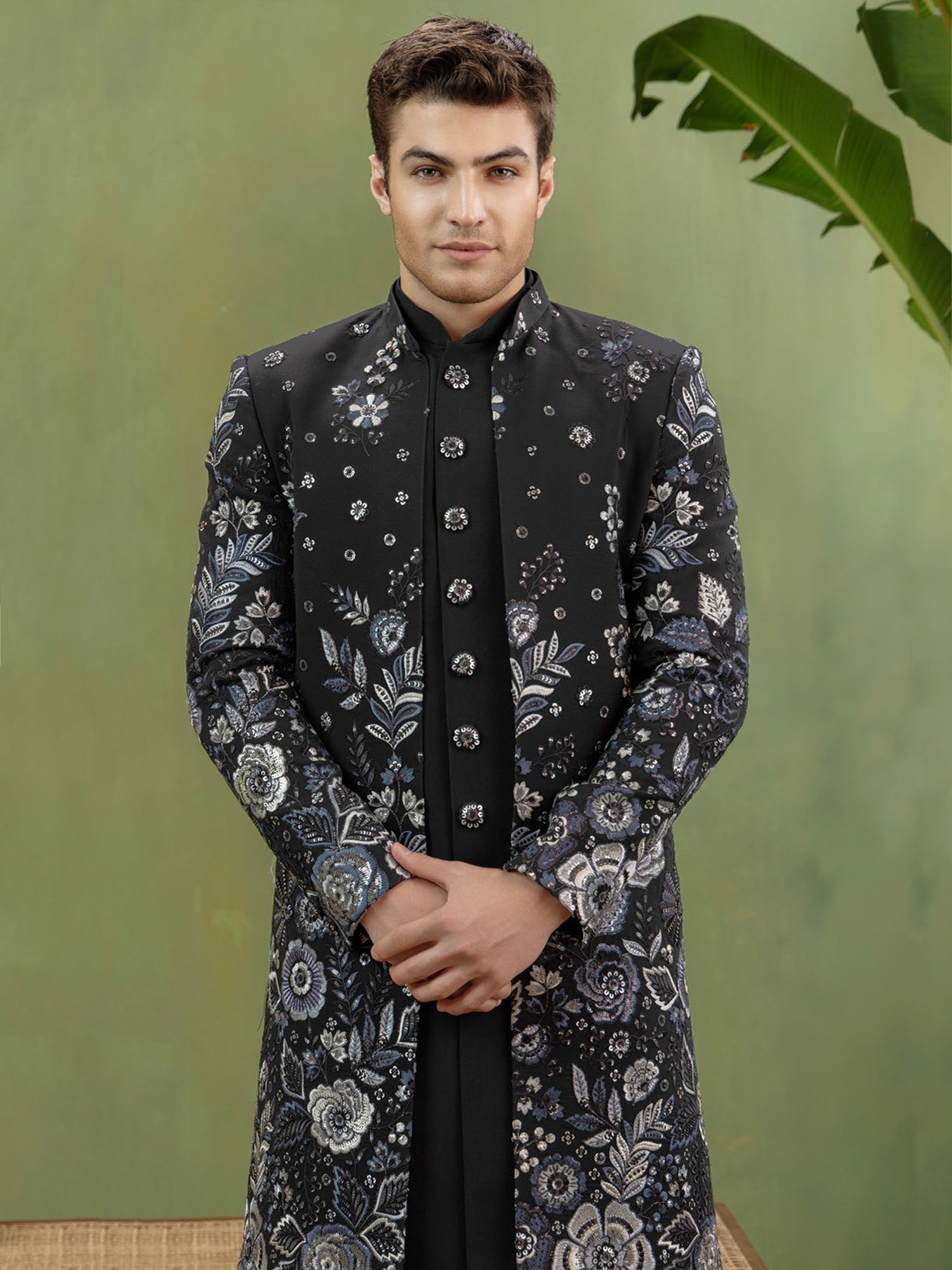 Black Floral Thread Embellished Indowestern Set