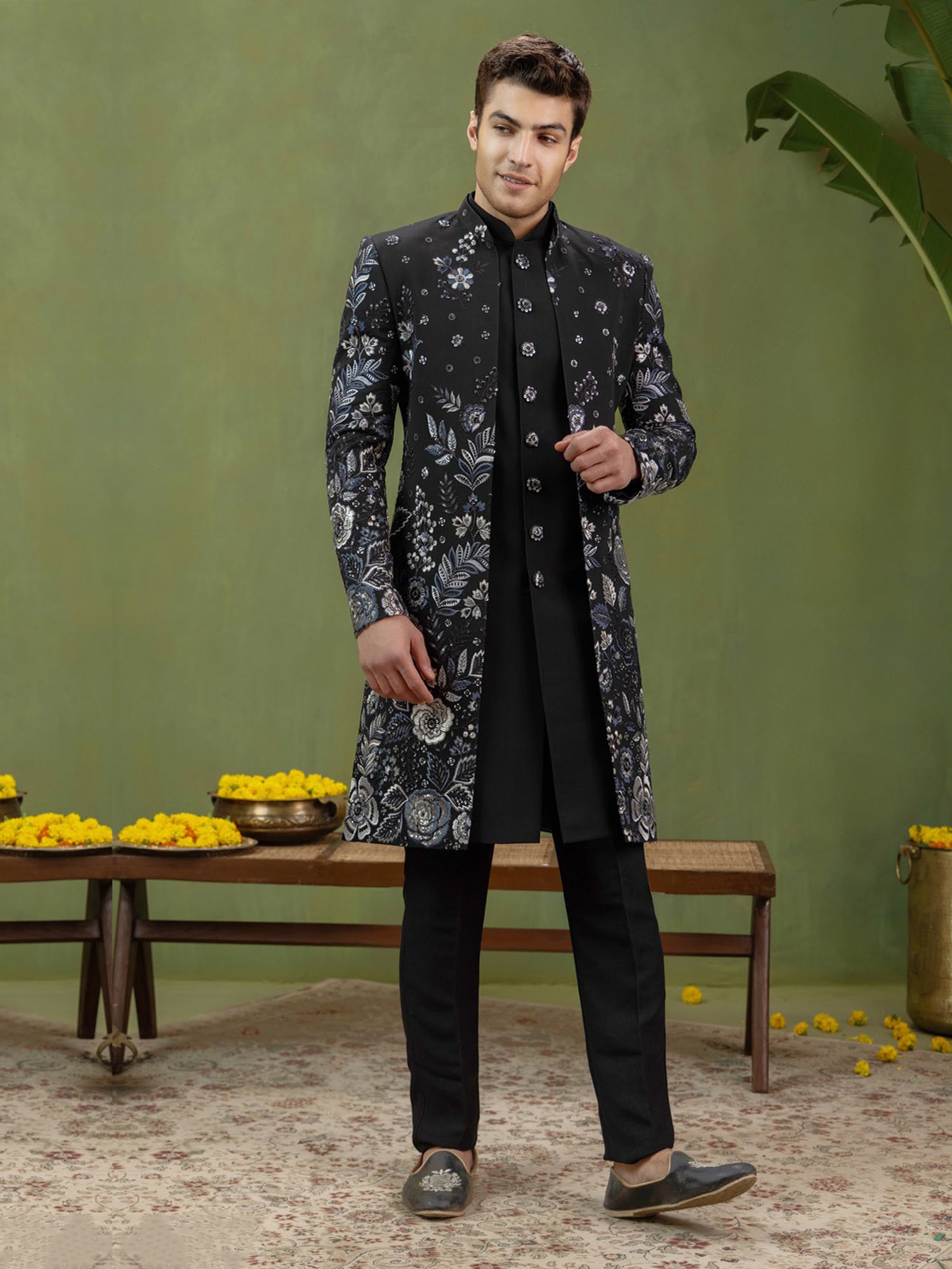 Black Floral Thread Embellished Indowestern Set