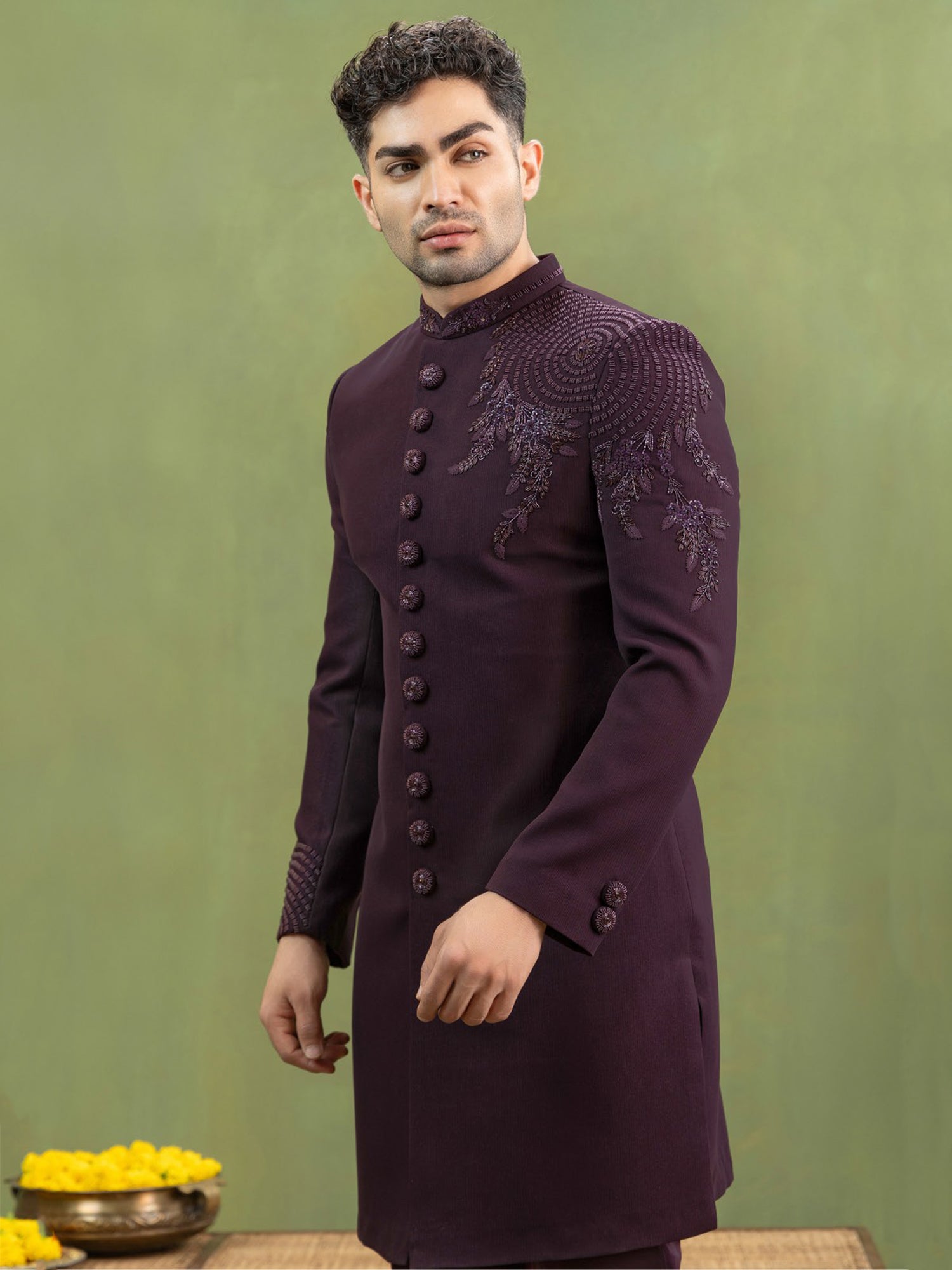 Wine Embroidered Indo Western Set For Mens