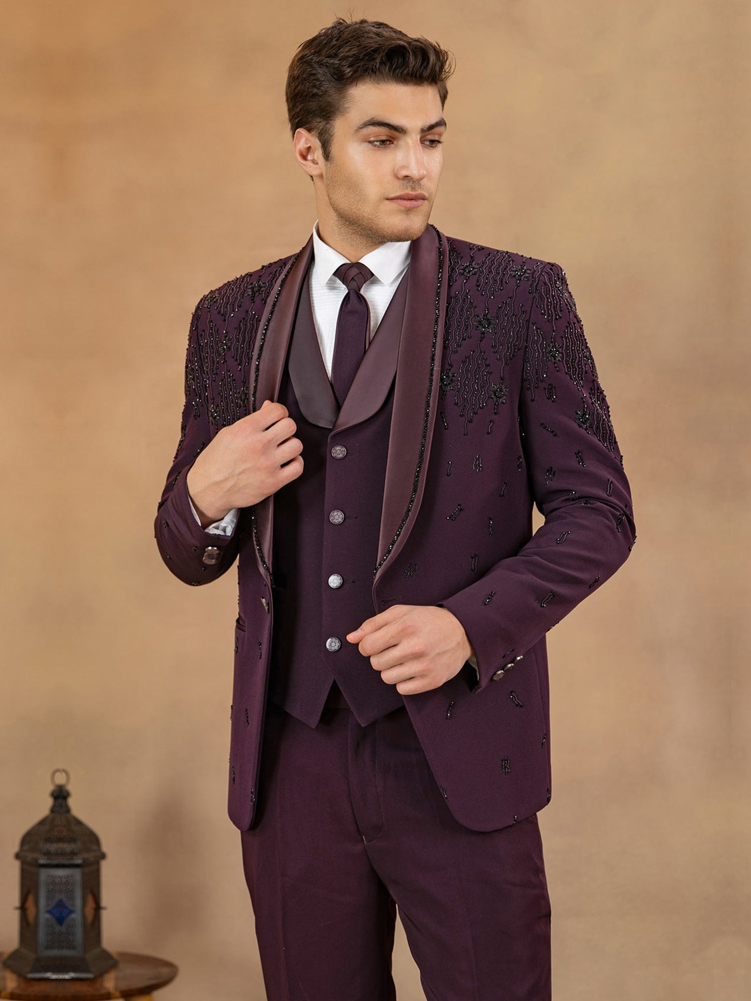 Wine Designer Tuxedo Suit In Heavy Embroidery