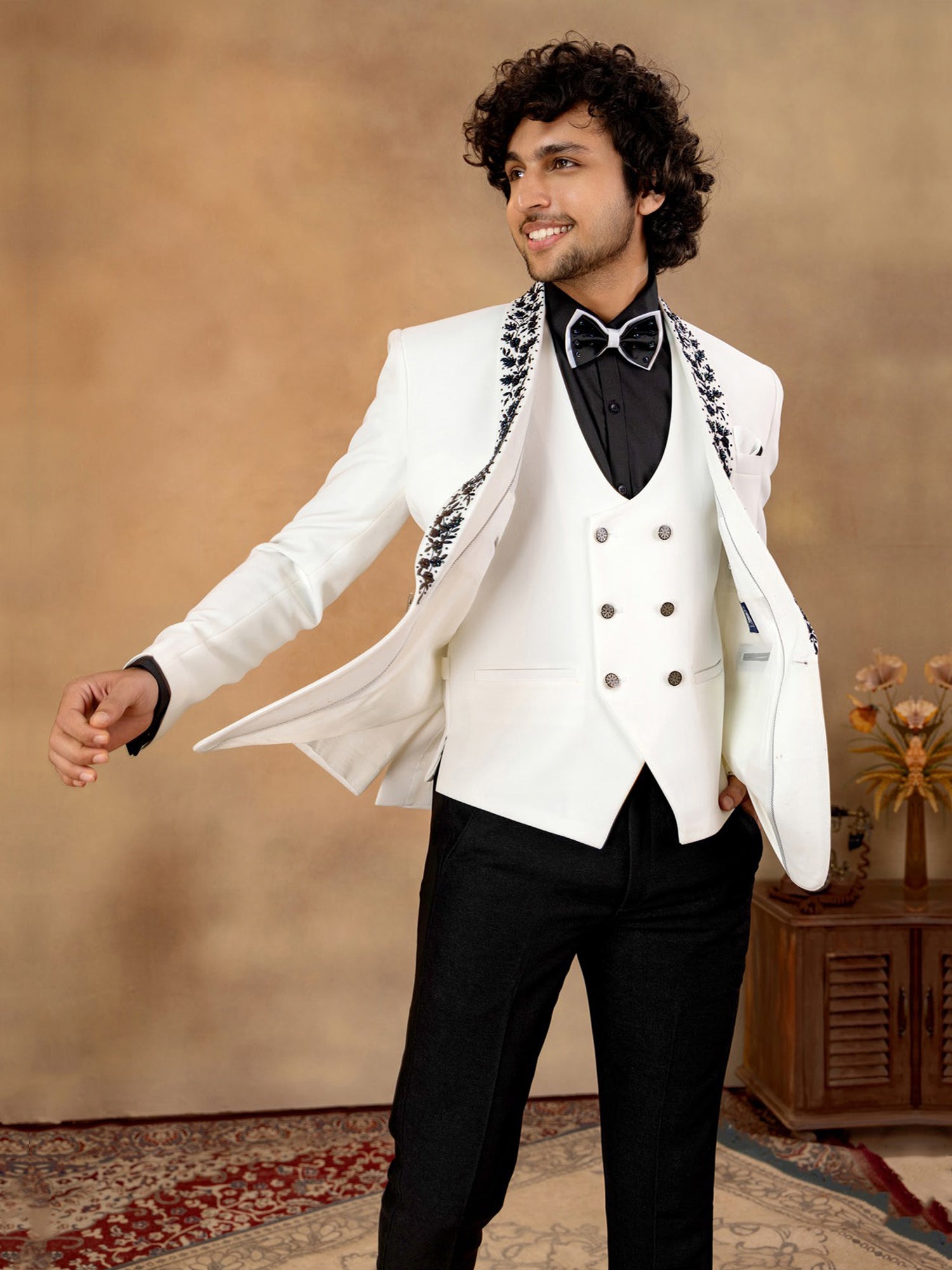 White Thread Embroidered Three Piece Tuxedo
