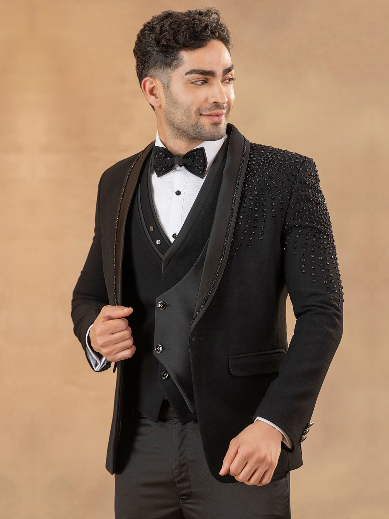 Black Embroidered Classic Tuxedo Suit For Men
