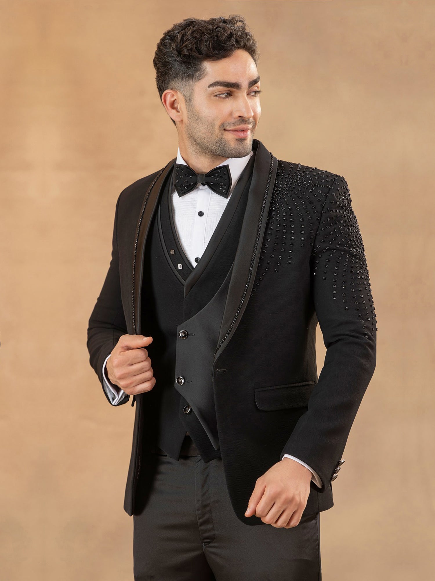 Black Embroidered Classic Tuxedo Suit For Men