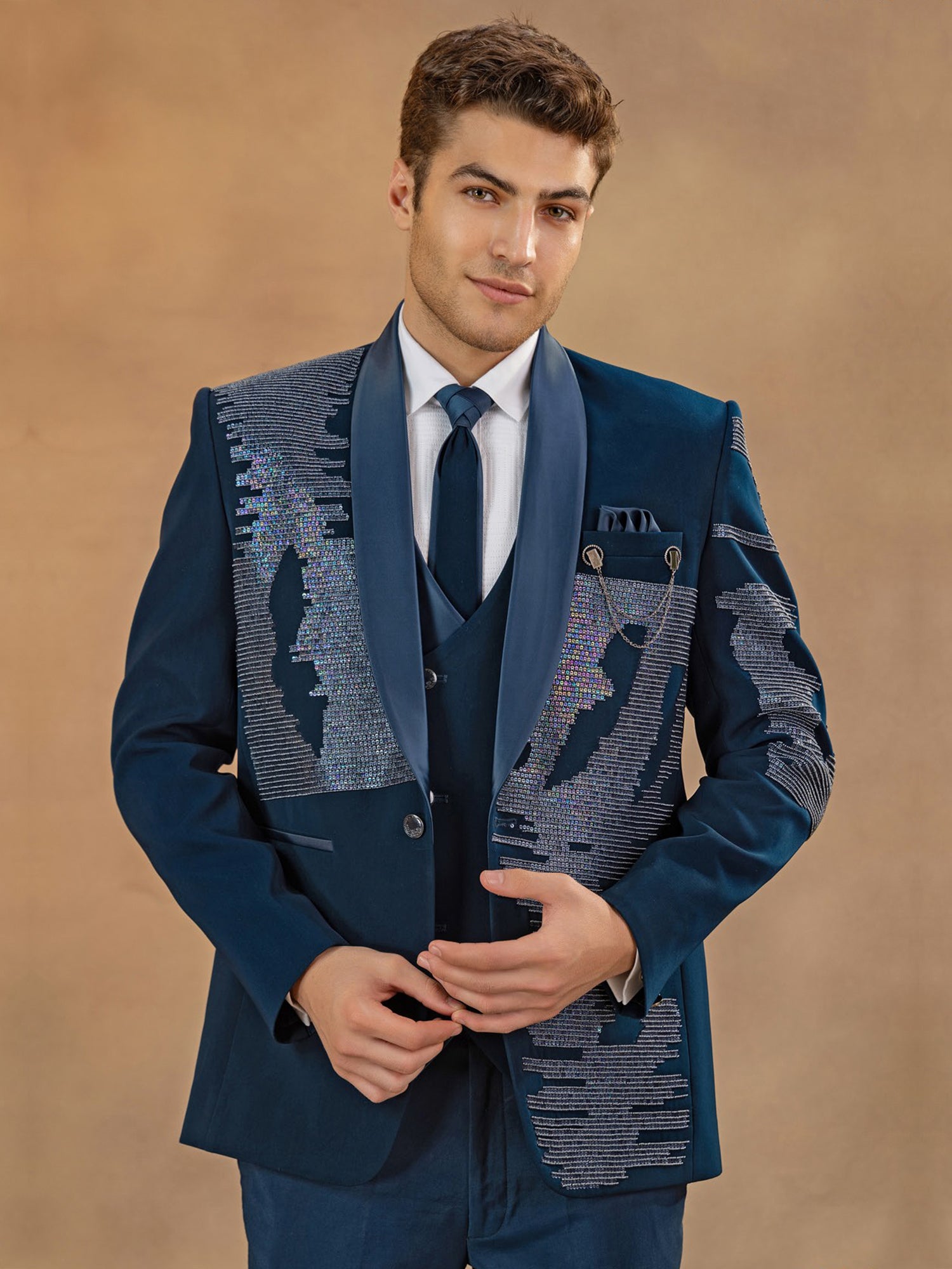 Dark Blue Cocktail Wear Three Piece Suit For Men
