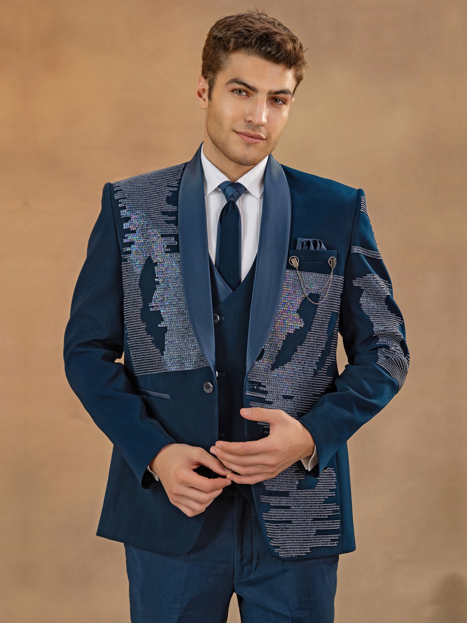 Dark Blue Cocktail Wear Three Piece Suit For Men
