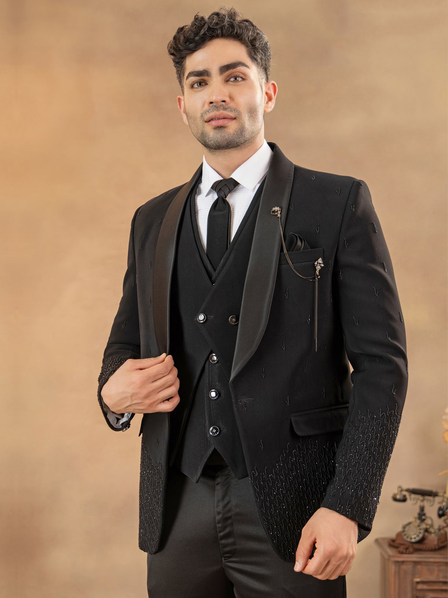 Black Men's Stylish Three Piece Tuxedo Set