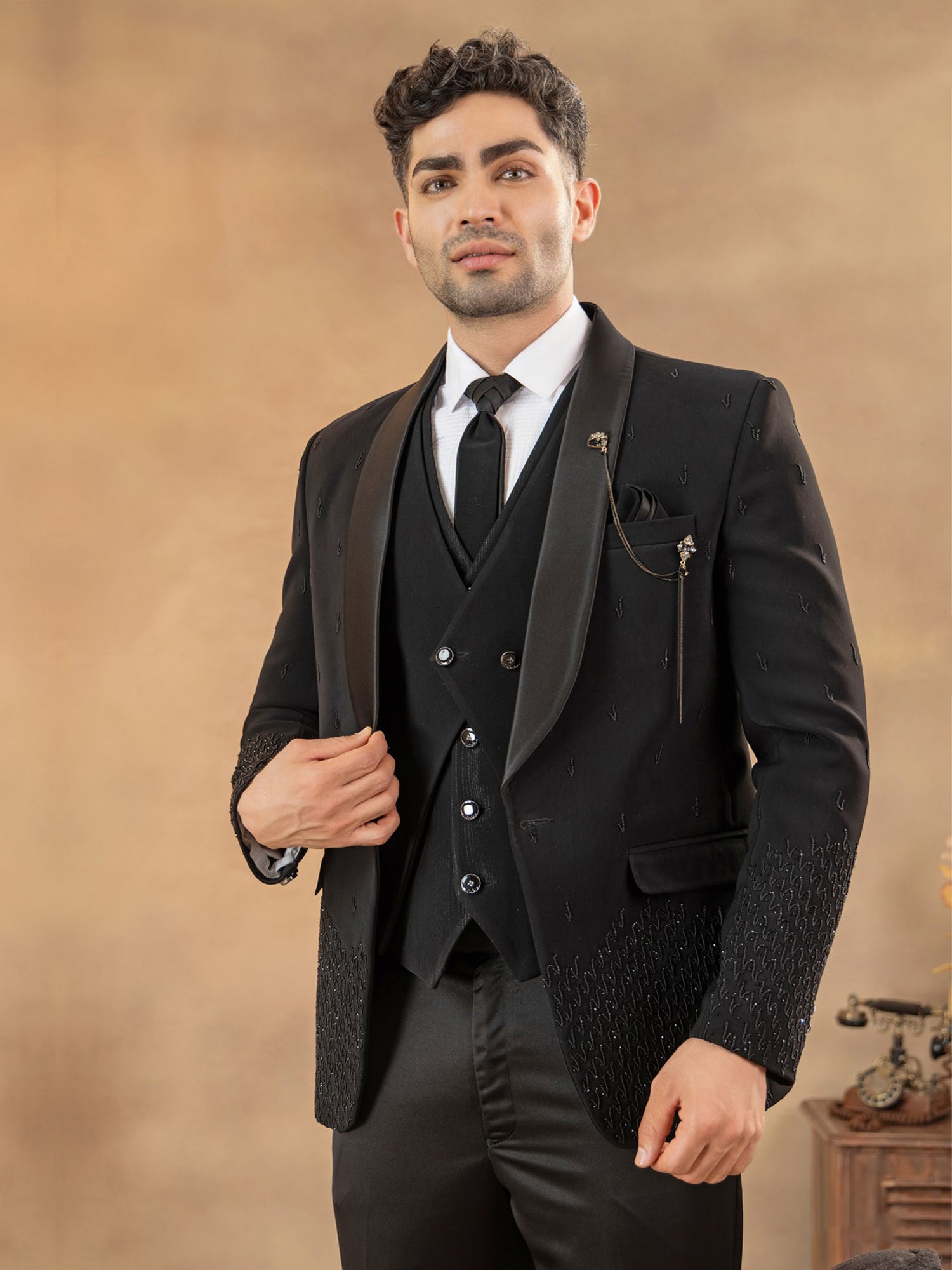 Black Men's Stylish Three Piece Tuxedo Set