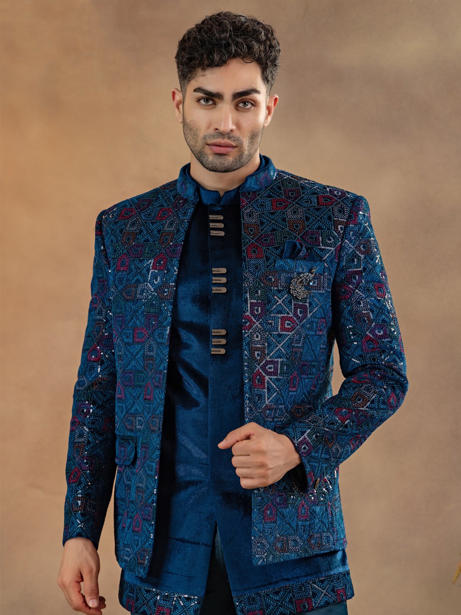 Blue Velvet Jodhpuri Set In Thread Work