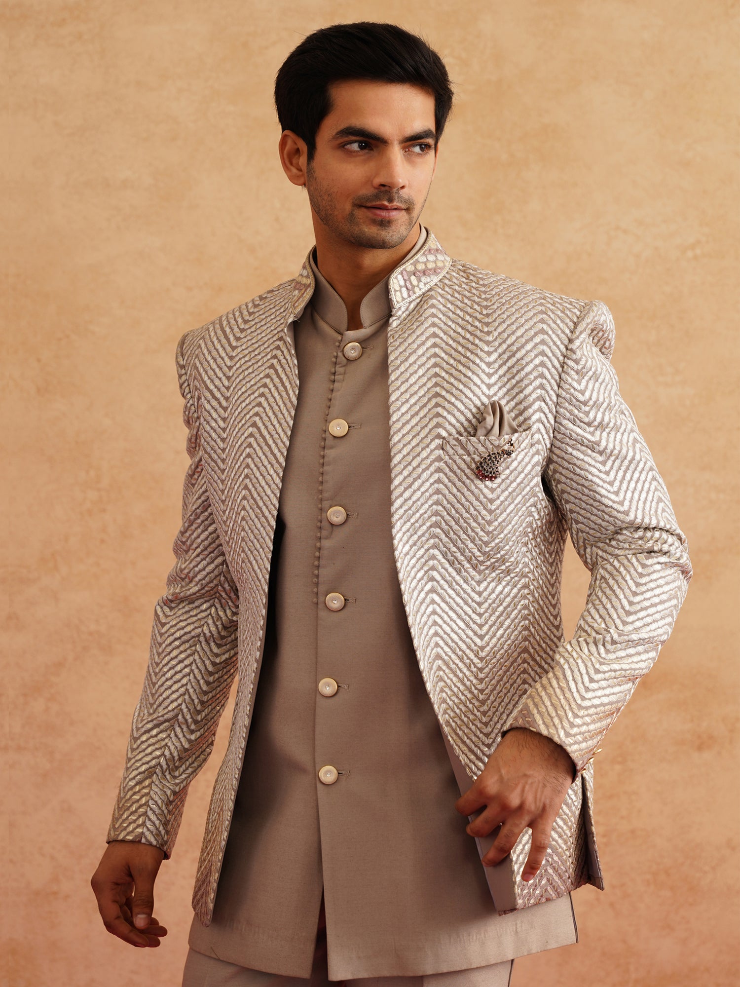 Brown Mirror Work Bandhgala Suit Set In Silk