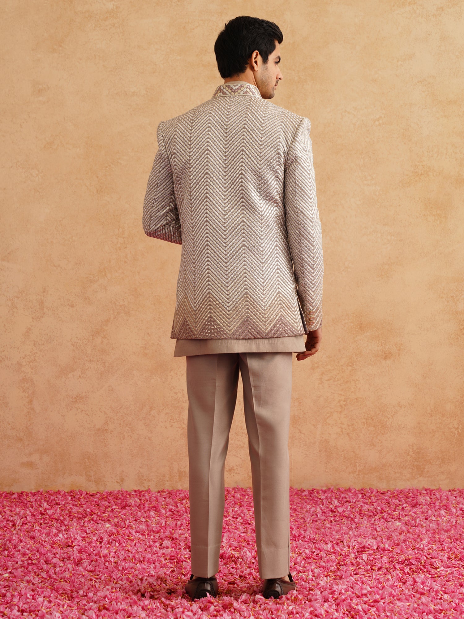 Brown Mirror Work Bandhgala Suit Set In Silk