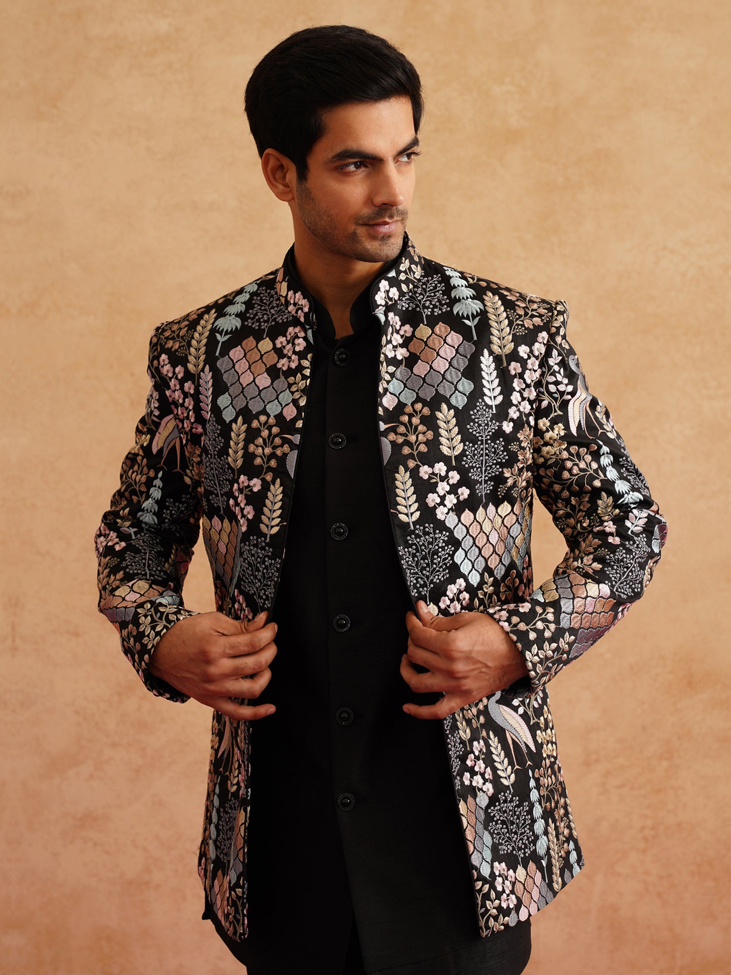 Black Bandhgala Suit In Floral Thread Embroidery