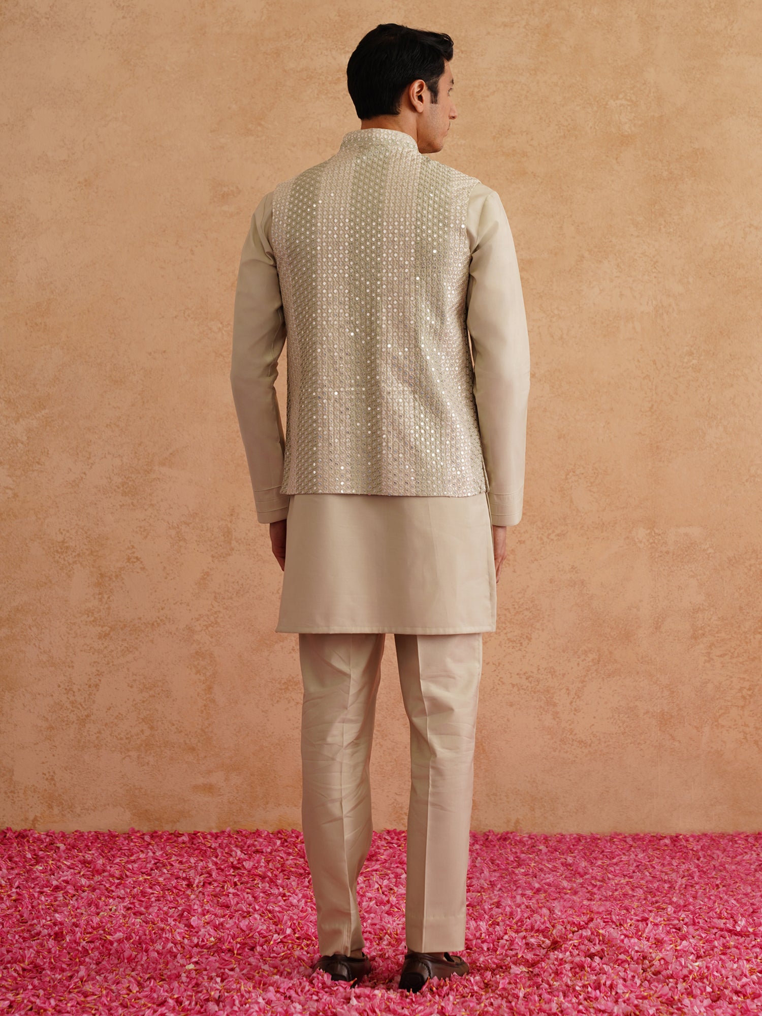 Beige Festive Wear Kurta Set With Nehru Jacket