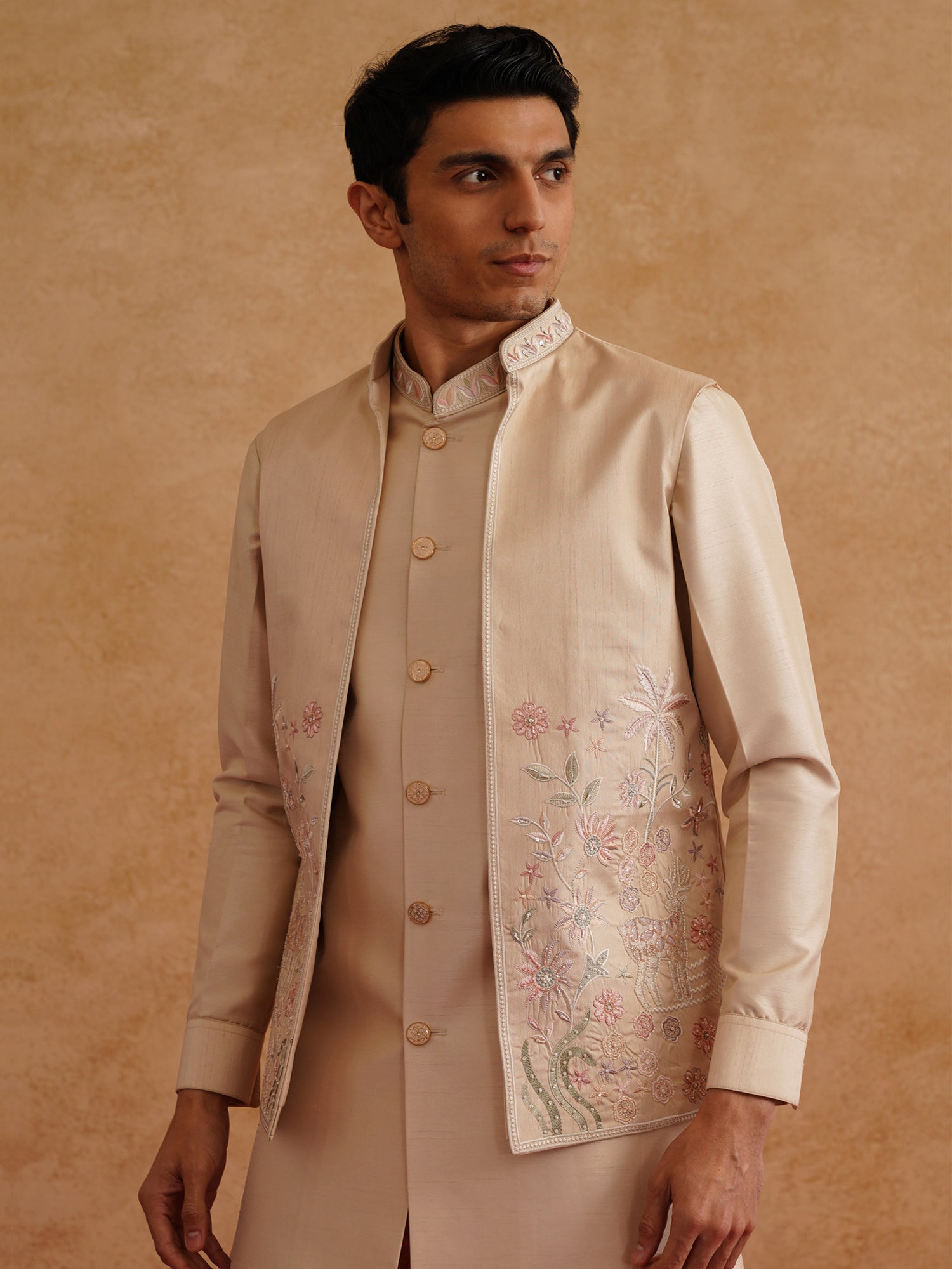 Brown Kurta Set In Silk With Front Open Jacket