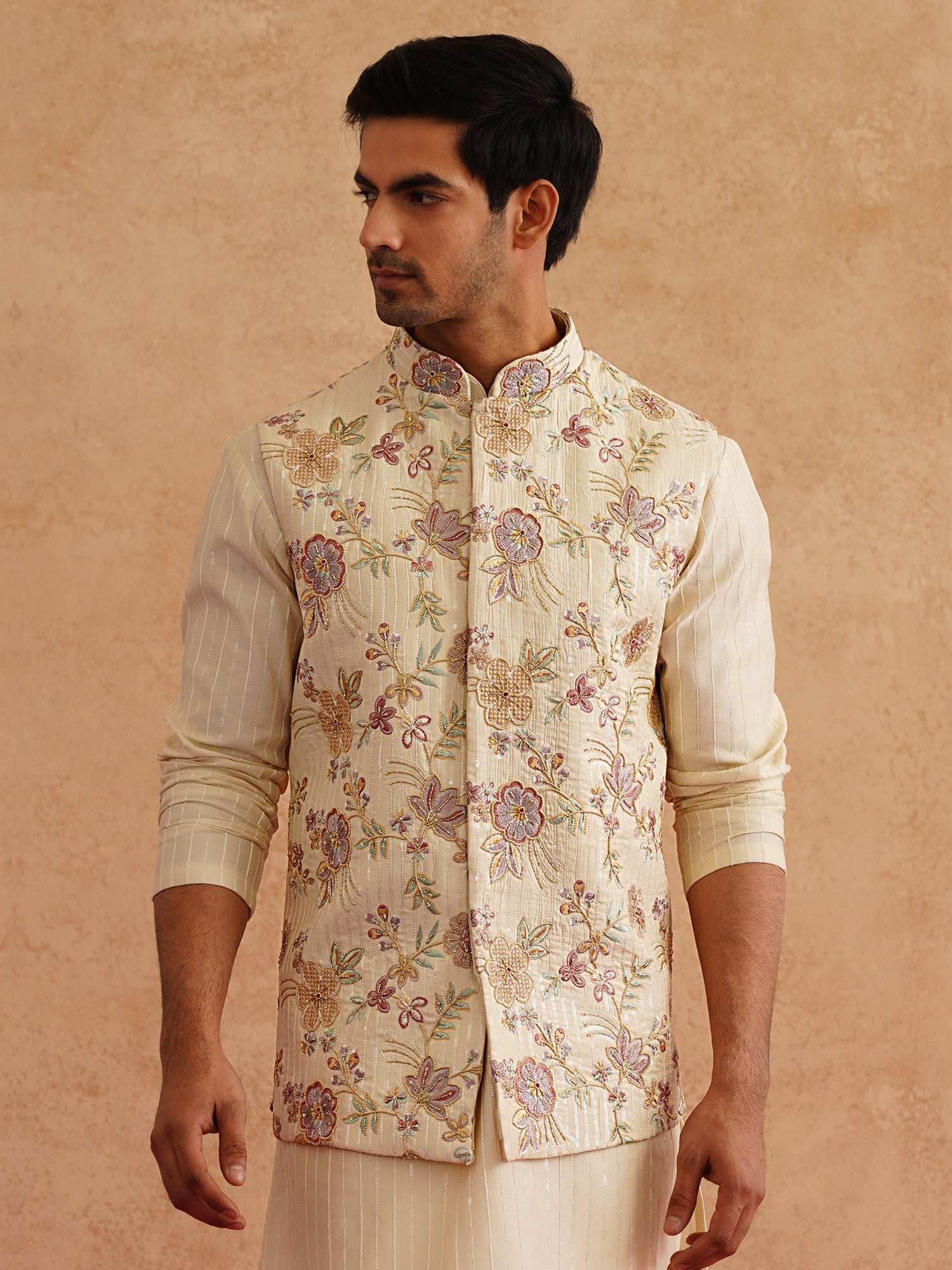 Yellow Floral Embroidered Kurta Pyjama For Mens